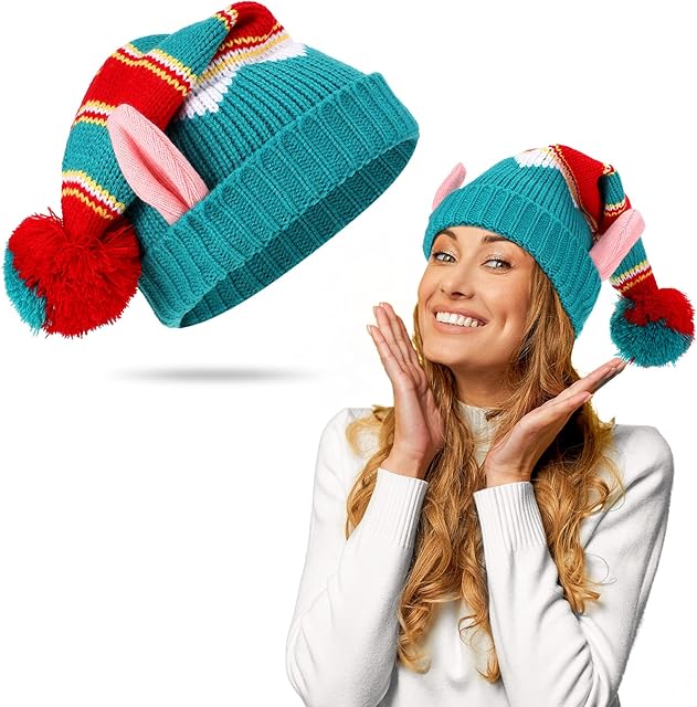 Christmas Hats Elf Hat Santa Hats for Adults Winter Hat Ladies Hats Mens Womens Hats Elegant Knitted Warm Funny Beanie Christmas Pom Beanie for New Year Party Holiday