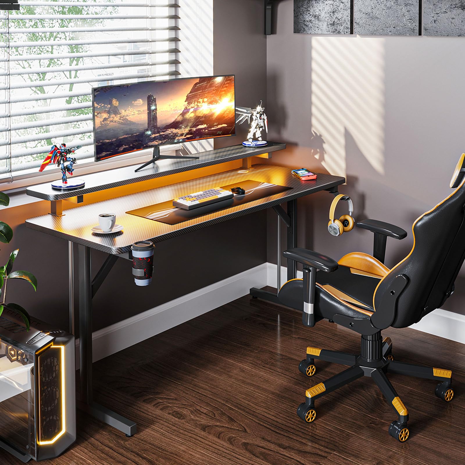 Gaming Desk with LED Lights, Computer Desk 47 Inch Gaming Table with Monitor Shelf, PC Desk with Cup Holder and Headphone Hook, Gamer Desk with Carbon Fiber Texture, Boys Desk Gift for Men