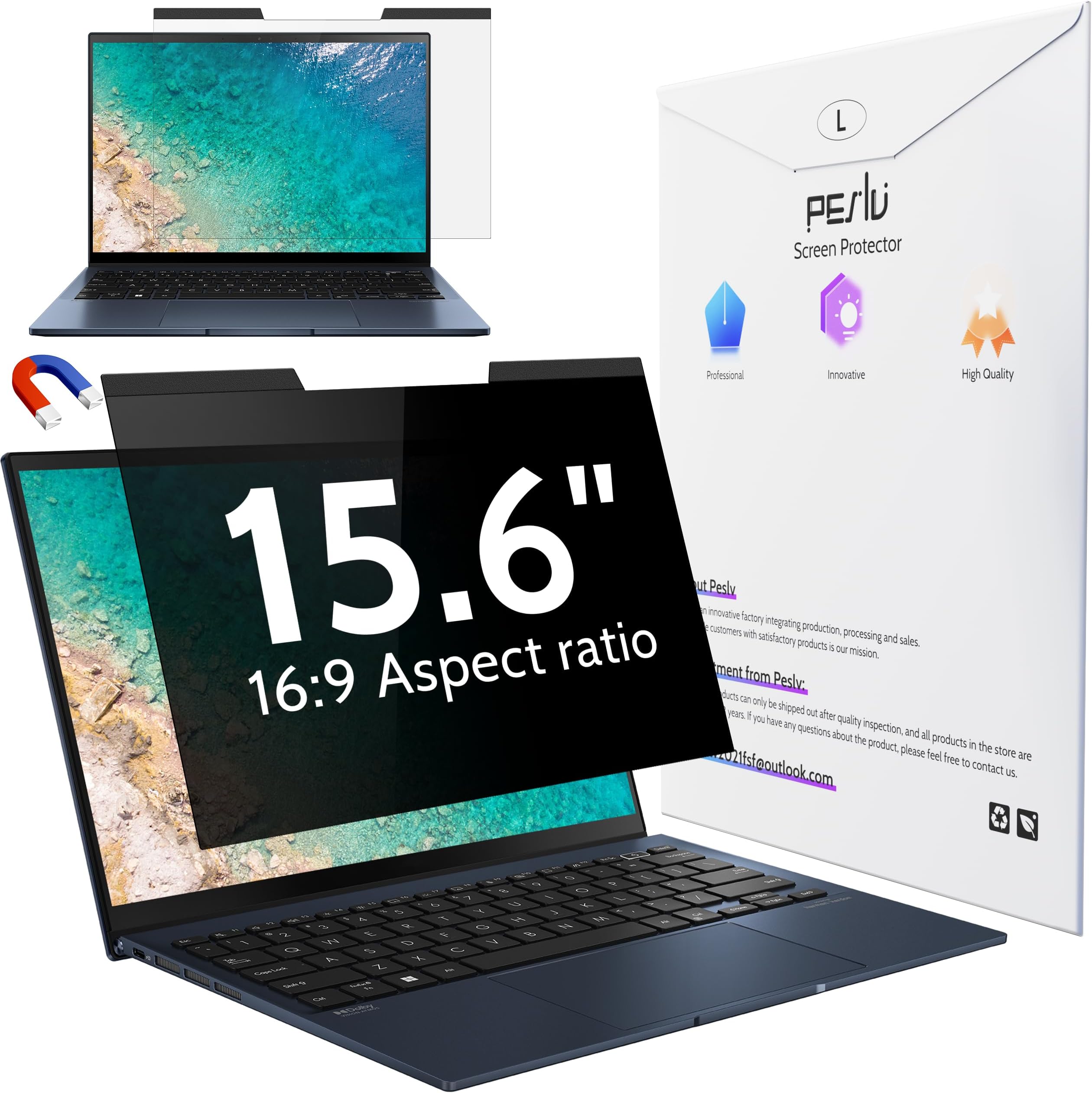 - Peslv Magnetic Laptop Privacy Screen 15.6 inch for 16:9 Computer Monitor, 15" Removable Anti Glare Protector Blue Light Filter Shield Compatible with Lenovo Hp Dell Acer Asus Thinkpad Envy Xps