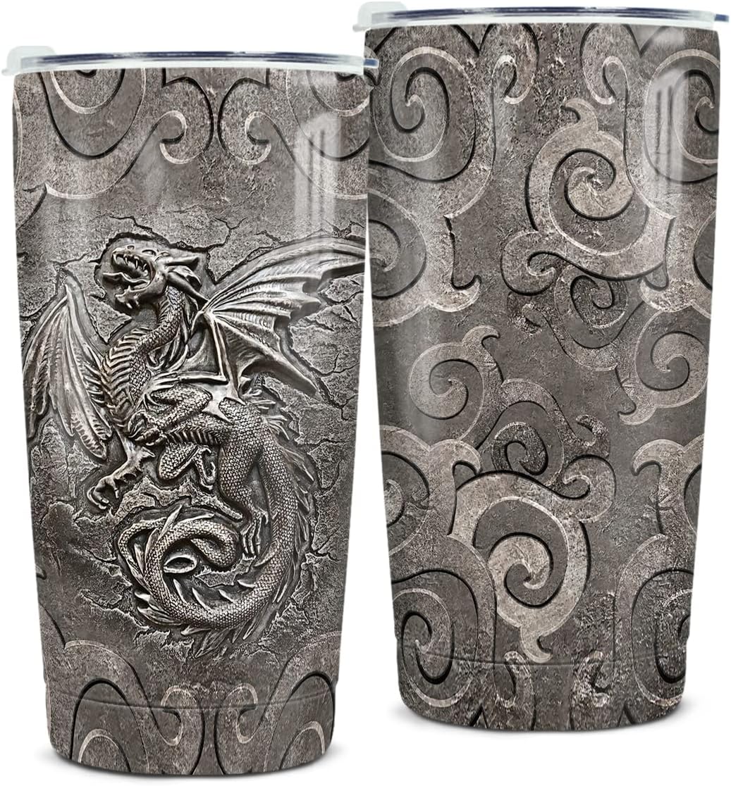 winorax Dragon Tumbler Metal Style Fossil Dragon Lover Viking Celtic Tumblers Stainless Steel 20oz Insulated Travel Coffee Mug Gifts for Men Women Birthday Christmas Presents