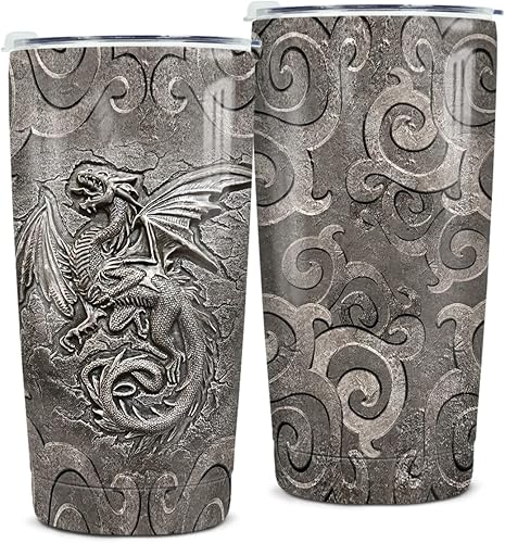 Vaso de dragón estilo metal Fossil Dragon Lover Vikingo Celta, vasos de acero inoxidable de 20 onzas aisladas, taza de café de viaje, regalos para
