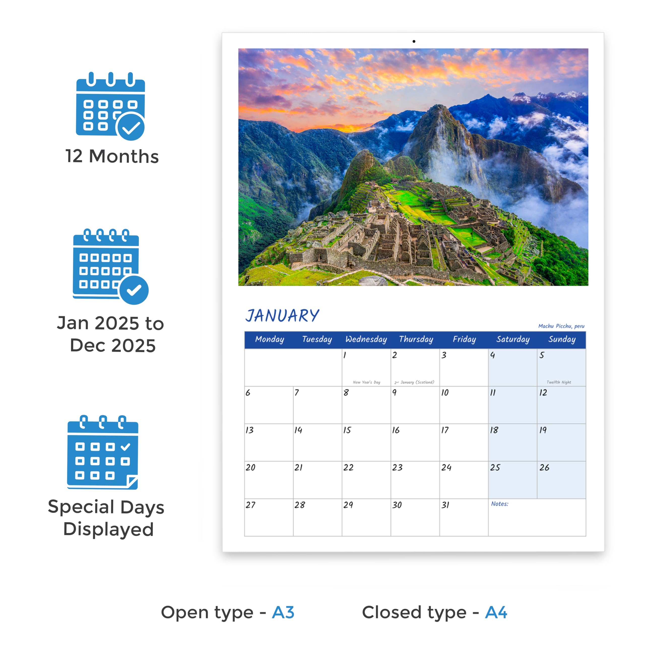 A4 Natural Wonders of the World Calendar 2026 12 Month Wall Calendar UK Perfect for Schools Offices and Homes Papa Prints - Image 2