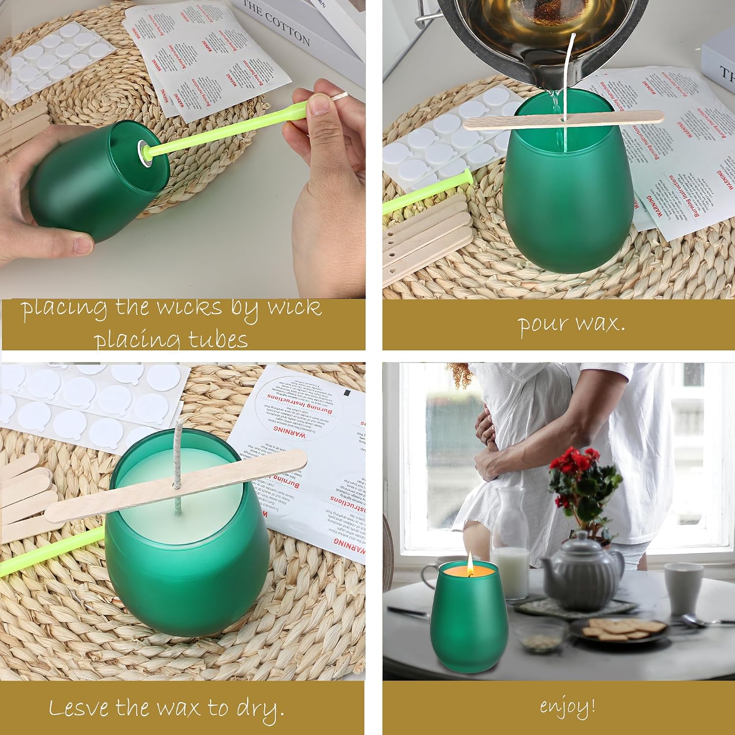 MILIVIXAY 12 Pack 14oz Matte Green Candle Jars with Bamboo Lids and Candle Making Kits- Oval Design, Bulk Empty Glass Jar for Large Candles and Spice, Powder Containers.
