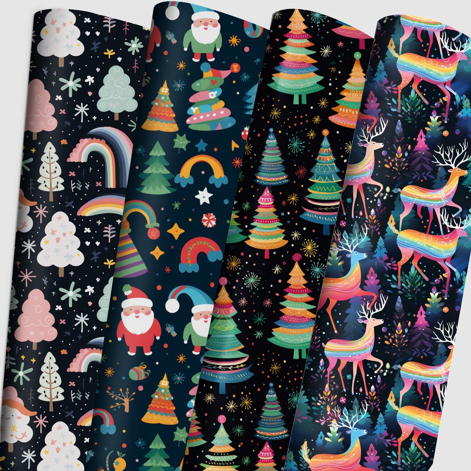 Vnaaem Christmas Wrapping Paper for Boys Girls Kids - Cute Rainbow Xmas Gift Wrap with Santa Tree Reindeer Design for Holiday Winter Paty - 20 x 28Inches Per Sheet(8 Pack)