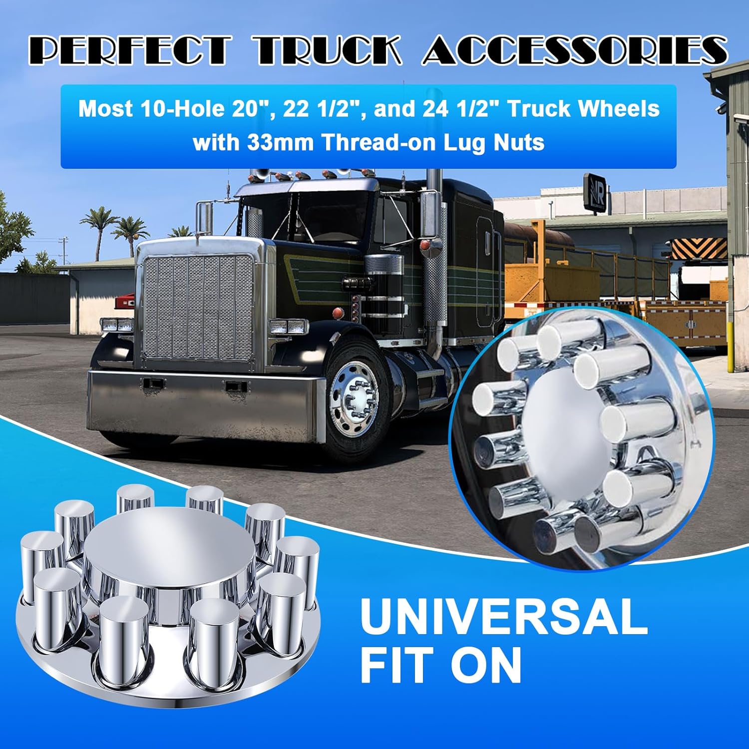 Hishine ABS Plastic Chromed Hubcaps Front Wheel Axle Cover Set with 33mm Thread-On Lug Nut Covers for Semi Trucks Flat Top