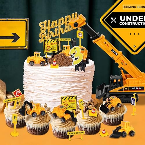 Miniatura 5 de RAYNAG 16 piezas de decoración de pasteles de construcción para vehículos, decoración de tartas, suministros de fiesta de cumpleaños, grúa grande,