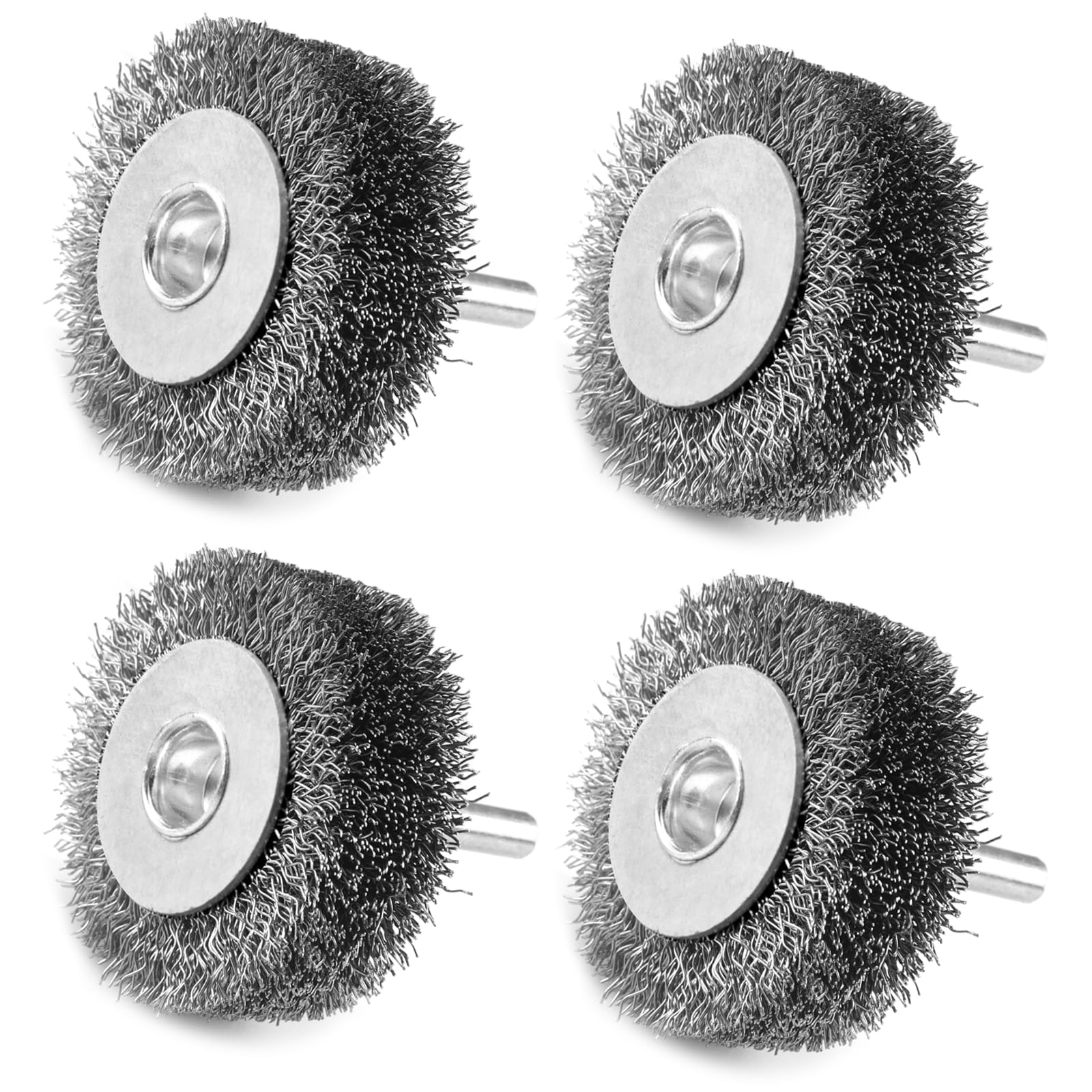 LSTOPGO 4 Pack 2 Inch Wire Brush Wheel for Drill, 0.0118" Coarse Crimped Carbon Steel Wire, 1/4 Inch Round Shank, Heavy Duty Brush for Rust, Corrosion