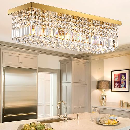 Siljoy Candelabro moderno de cristal con 6 luces, rectangular, empotrado, lámpara de techo colgante de lujo dorada K9, lámpara de gota de lluvia de