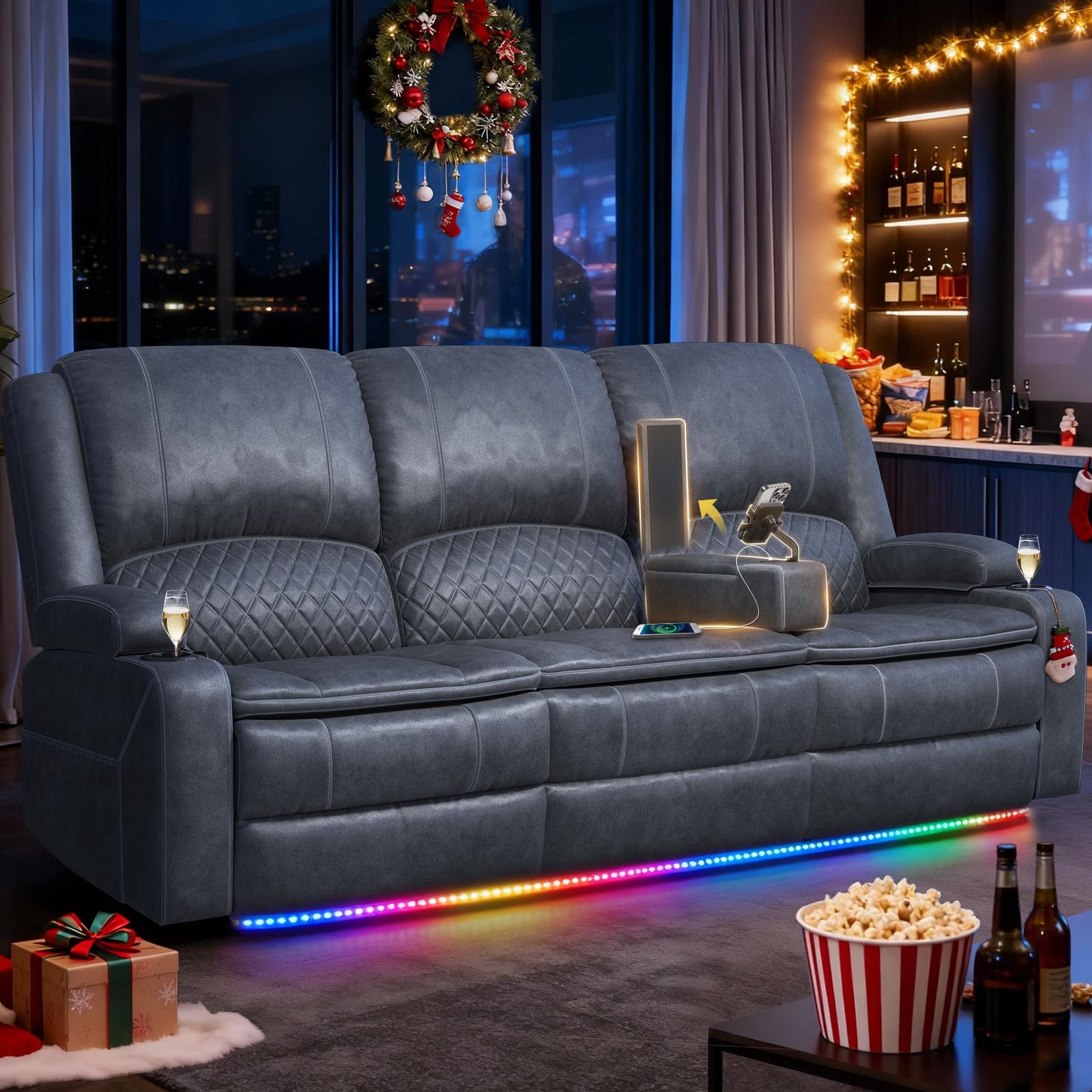 MOSGAT new grey velvet 3 seater reclining sofa with lift console