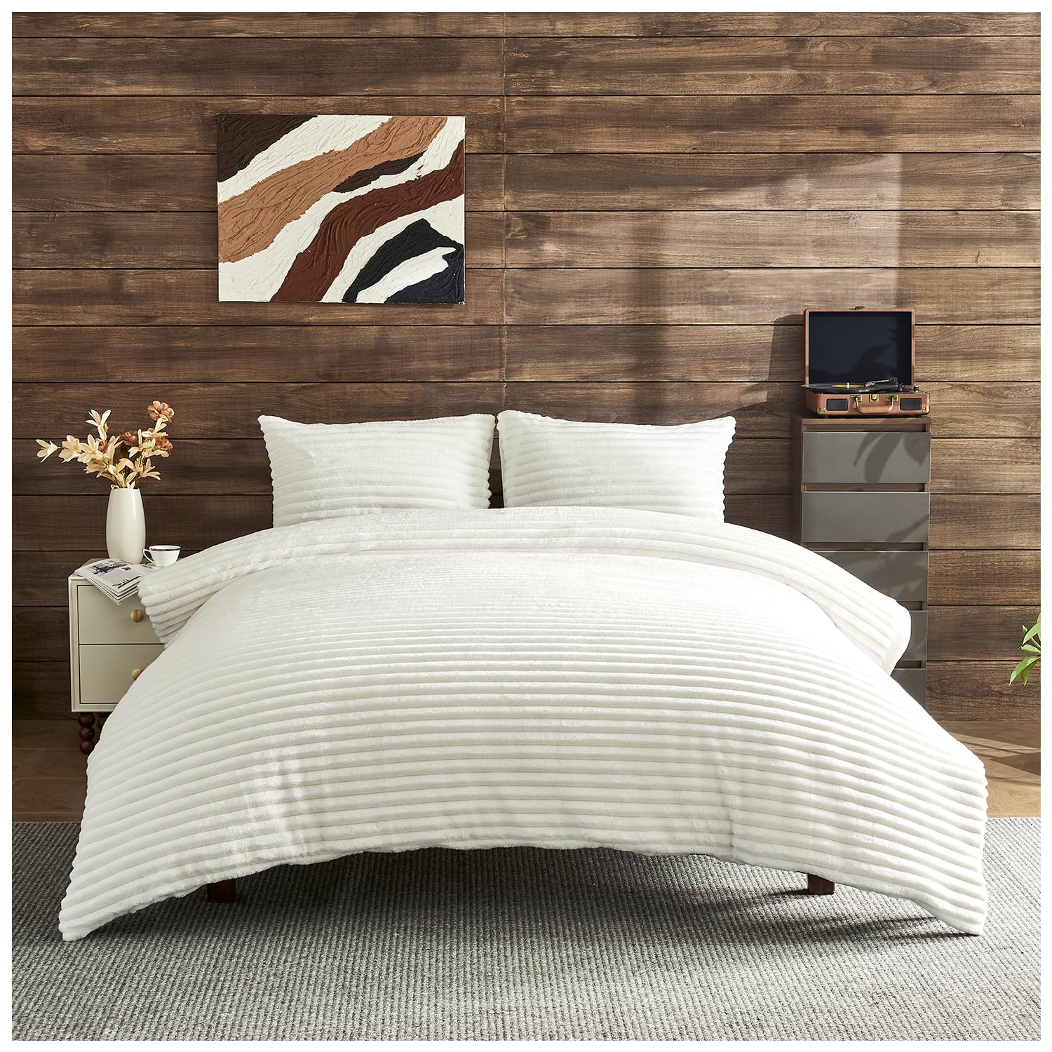 GC GAVENO CAVAILIA Ribbed Fleece Bedding Sets King Size 220x230 Cm | Super Soft Polyester King Size Duvet Cover Sets With Pillow Cases | Thermal Warm Cozy Fluffy Winter Quilt Cover Bed Set, White
