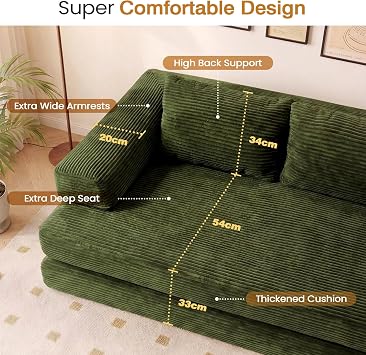 2 Seater Folding Sofa Bed,5in1 Modular Convertible Folding Couch w/ Pillow,Lazy Floor Sofa w/Back Support,Foldable Corduroy Futon Boneless Couch Mattress for Living Room Bedroom Guest Room(Green)