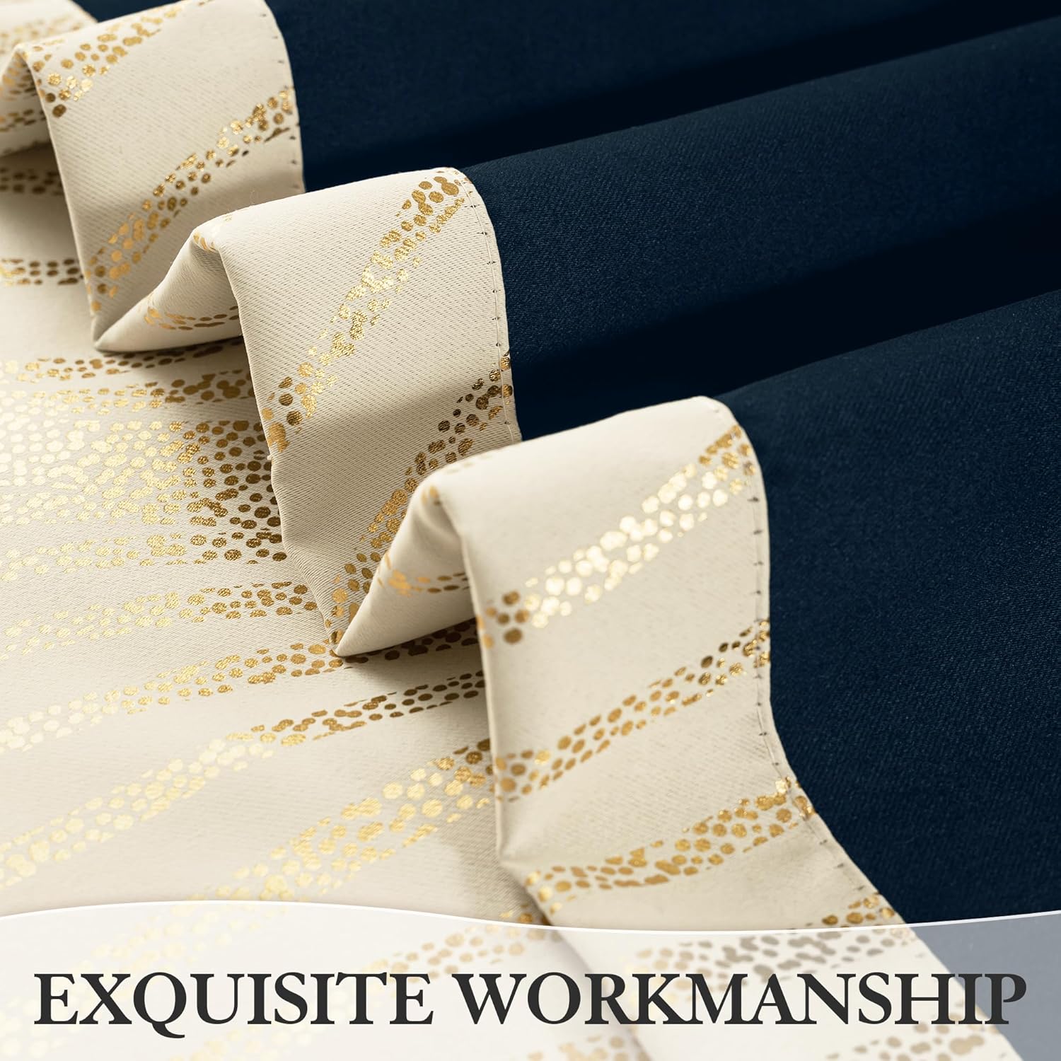 100% Blackout Curtains for Bedroom, Beige Gold Wave Line Dot Curtains 84 Inches Long, Metallic Gold Patterned Drapes Living Room Darkening Thermal Insulated Grommet Window Curtains 2 Panels