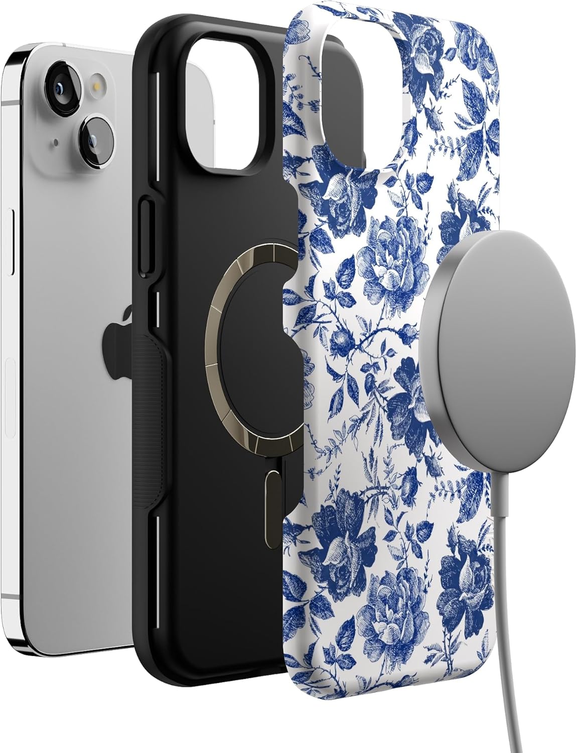 Casely iPhone 14 Plus Case | Rose to Fame | Blue & White Floral | Bold Protective Design | Compatible with MagSafe
