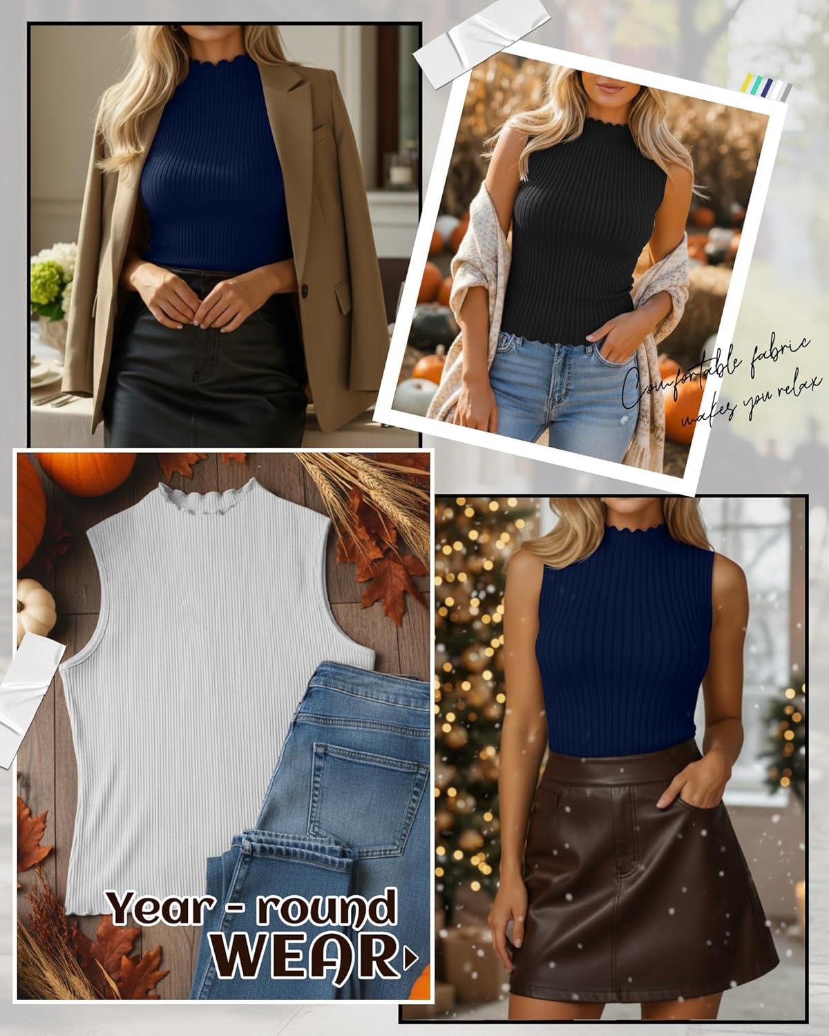 Riyiper 3 Pack Women's Sleeveless Mock Turtlenecks Shirts Lettuce Trim Ribbed Knit Slim Summer Casual Tank Tops Basic Tees - Image 3