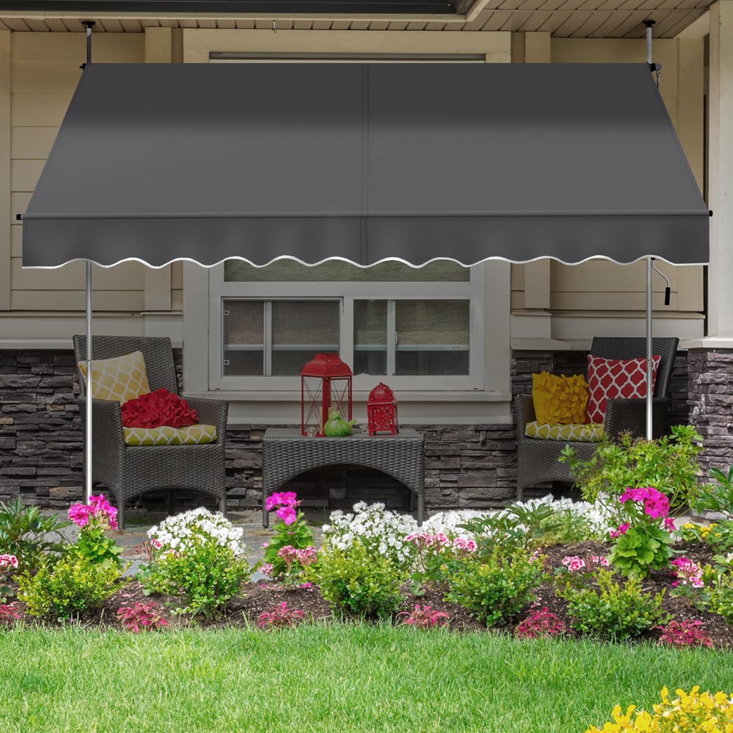 Yaheetech Manual Retractable Awning, 118"×118" Outdoor Sunshade Shelter Angle & Height Adjustable NO Drilling Patio Door Window Awnings, Canopy with UV Protection for Backyard, Dark Gray