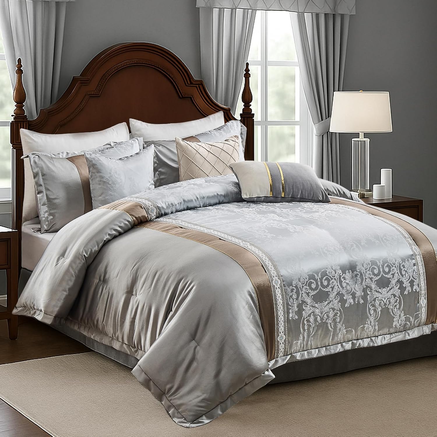 SahSahCasa 7-Piece Luxury Queen Comforter Set, Bed in a Bag Queen, Silver Gray Fluffy Bedding Comforter Set with Bed Skirt, Decorative Pillows and Shams, Down-Alternative Thick Jacquard Comforter