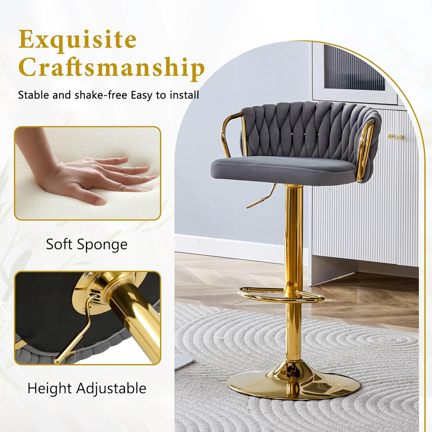 Bar Stools Set of 2, Modern Luxury Velvet Kitchen Island Chairs with Adjustable Height, 360° Swivel Gold Metal Base & Woven Rope Backrest, Upholstered Counter Height Dining Chairs for Home Bar, Grey