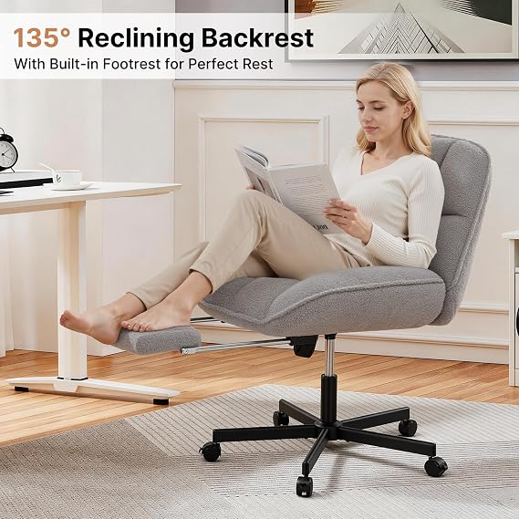 Cross Legged Chair with Foot Rest, Thick Cushioned Criss Cross Chair with Wheels, Armless Wide Seat Reclining Desk Chair, Height Adjustable Cross Legged Office Chair for Home Office, Grey