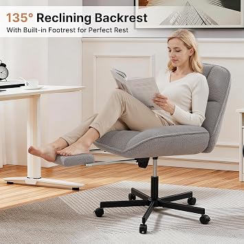 Cross Legged Chair with Foot Rest, Thick Cushioned Criss Cross Chair with Wheels, Armless Wide Seat Reclining Desk Chair, Height Adjustable Cross Legged Office Chair for Home Office, Grey