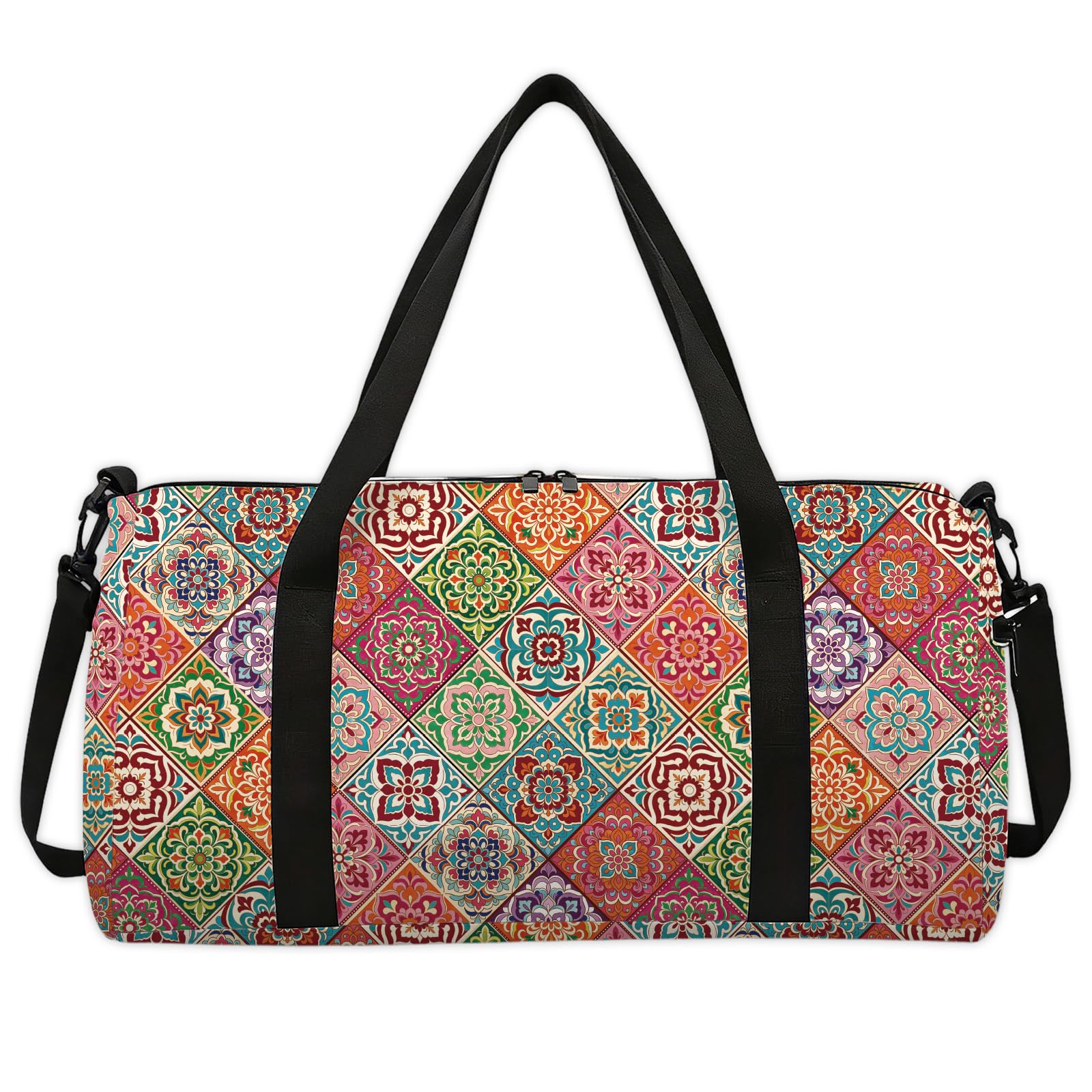 CONCHLERY Ornate Patterns Sports Gym Bag Mandala Floral Motifs Duffel Bags Foldable Gym Bag for Men Women Travel Workout Fitness, 17.7x7.87x9.44inches