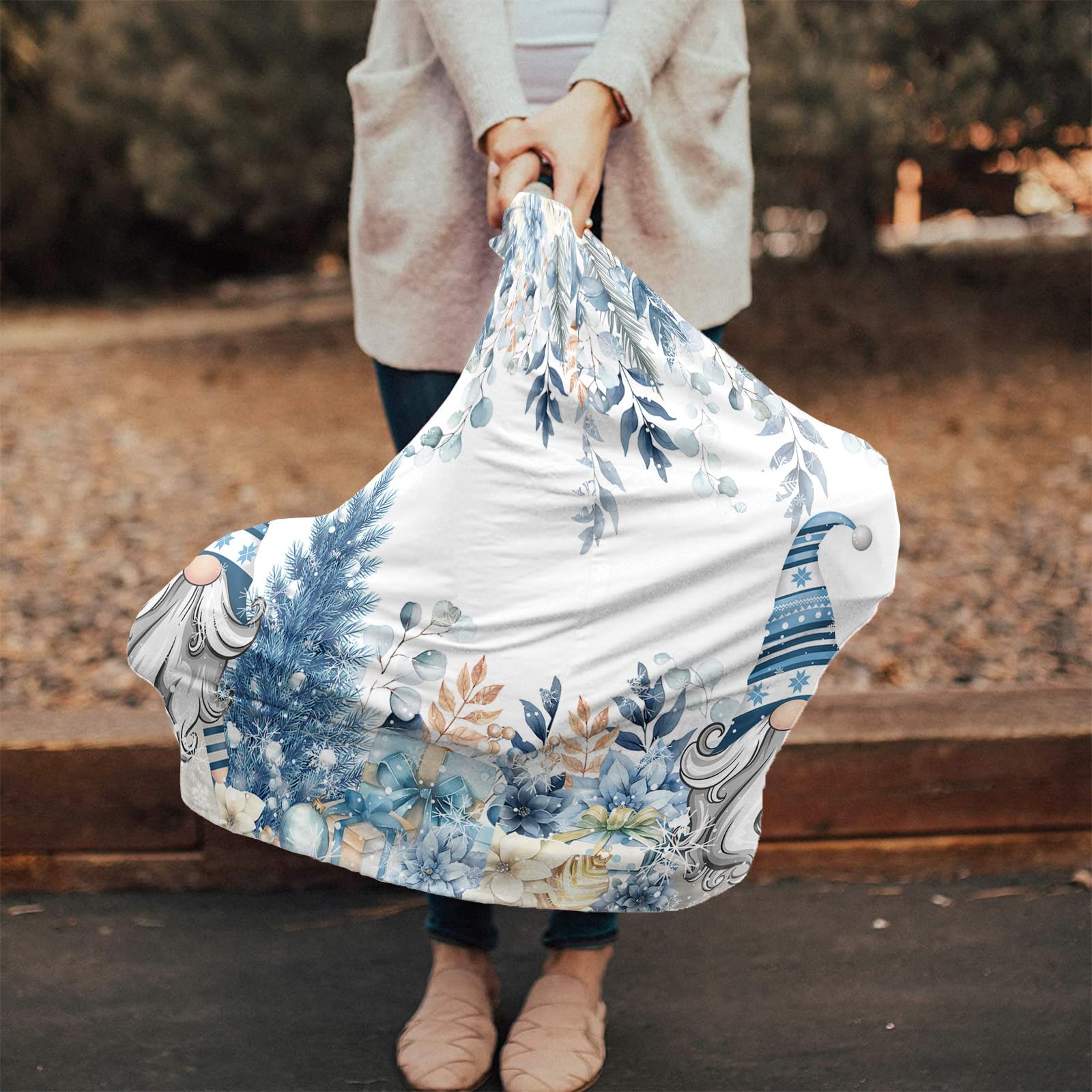 Nursing Cover for Breastfeeding Scarf, Merry Christmas Tree Gnomes Poinsettia Berry Eucalyptus Leaves Blue Baby Car Covers Super Soft Multi Use for Canopy Shopping Cart Cover Blanket Stroller Cover
