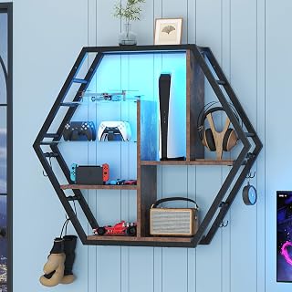 39 inch Large Gaming Floating Shelves with LED Lights, 5 Tier Wall Mounted Shelves with 2 Removable Glass Shelf, Pipe Shelves Hanging Display Rack with 8 Hooks, Easy Assembly (Retro Brown)