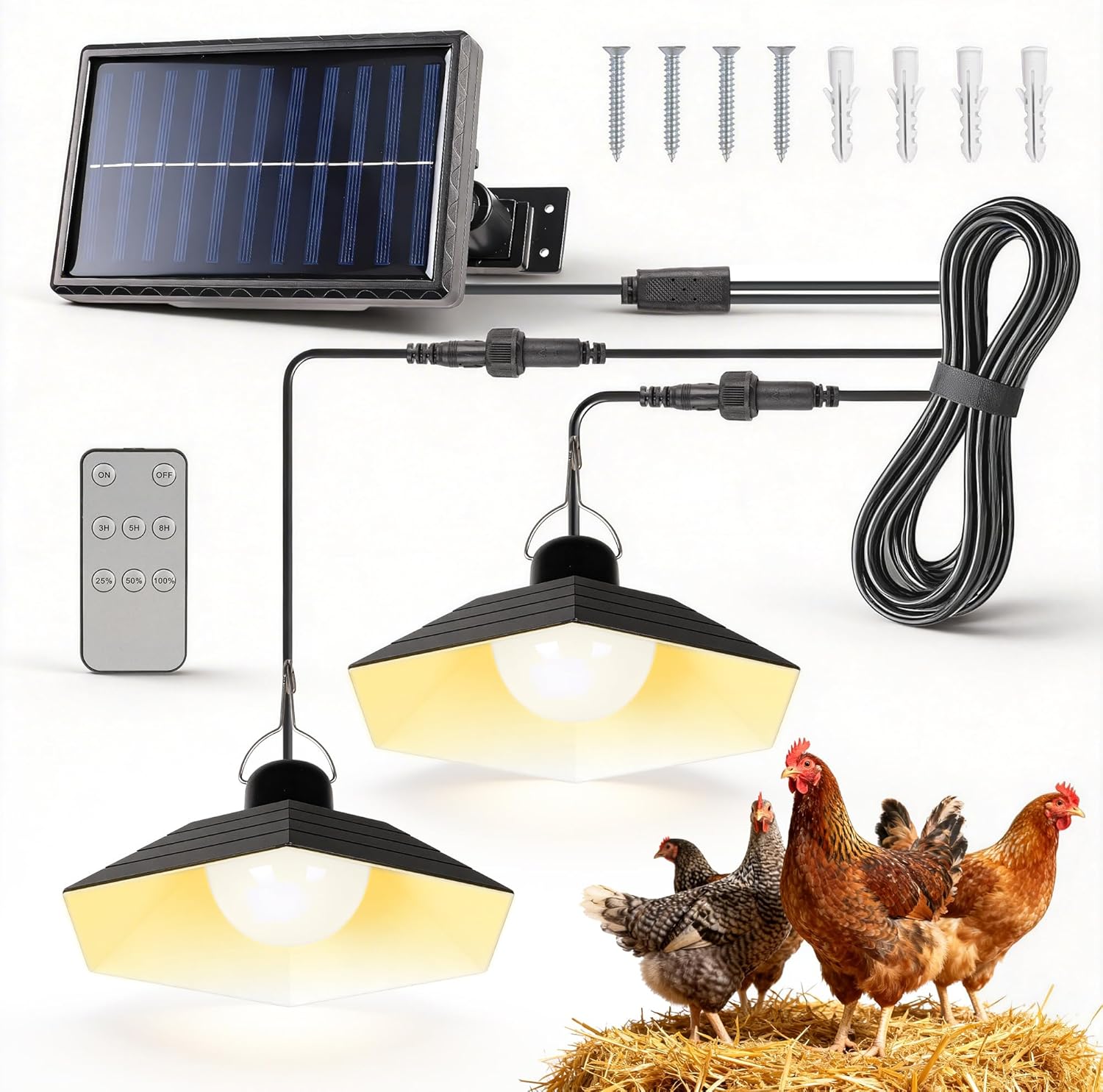 Solar Chicken Coop Light with Timer, 2 Lights Warm White Shed Light with Remote & Dusk to Dawn Sensor, Waterproof Hanging Pendant Lamp for Outdoor Indoor Barn, Gazebo, Poultry, Greenhouse