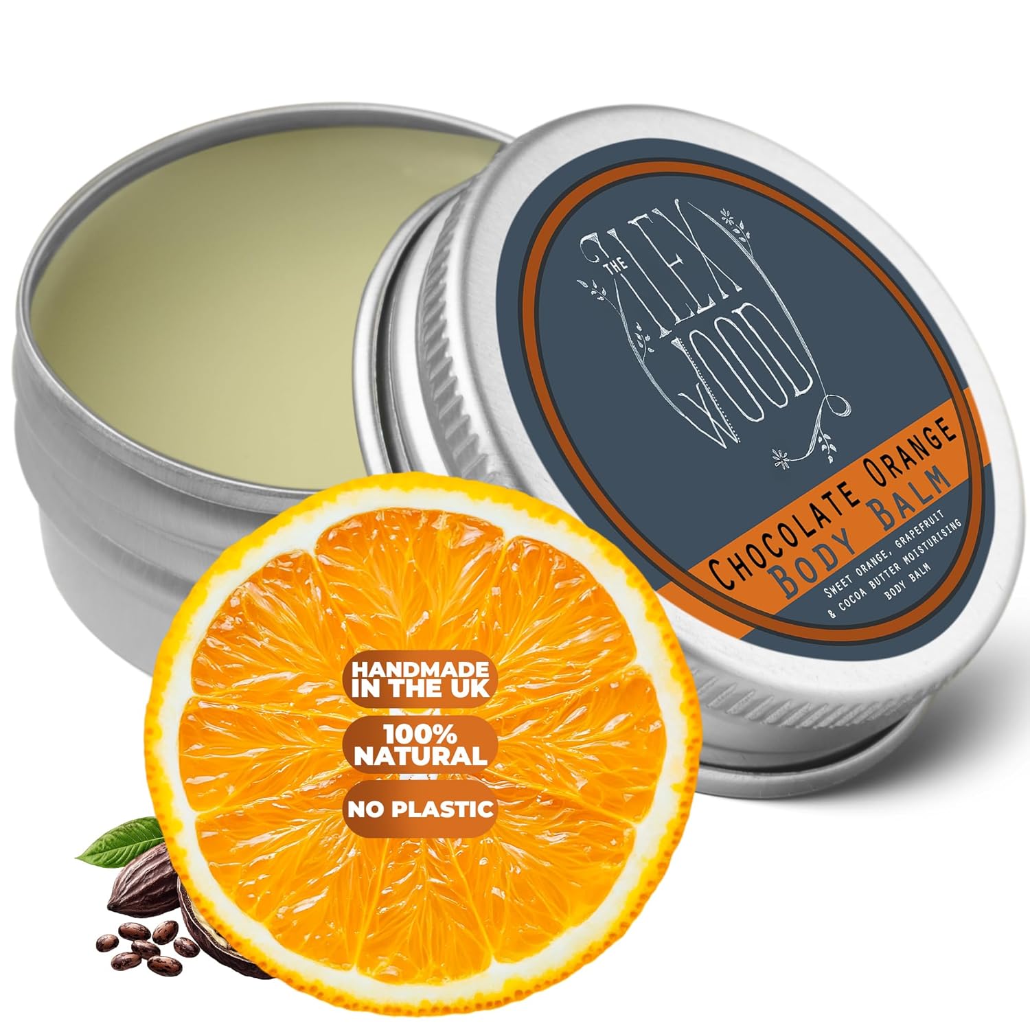 The Ilex Wood – Chocolate Orange Body Balm – 250ml. Orange and Cocoa Butter Vegan Body Balm. 100% Natural Moisturising Body Butter Cream. Handcrafted in UK. Cruelty Free, Palm Oil Free, Plastic Free.