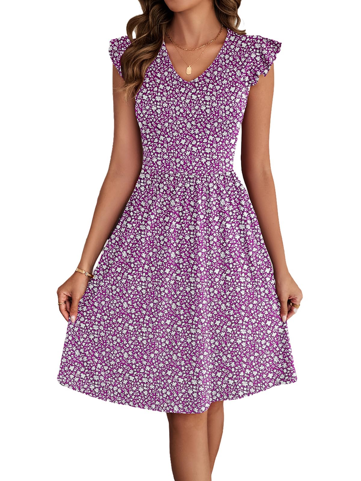 HELYO Women's Summer Dresses Cute V Neck Ruffle Sleeve Cocktail Short Work Casual Dress with Pockets 648