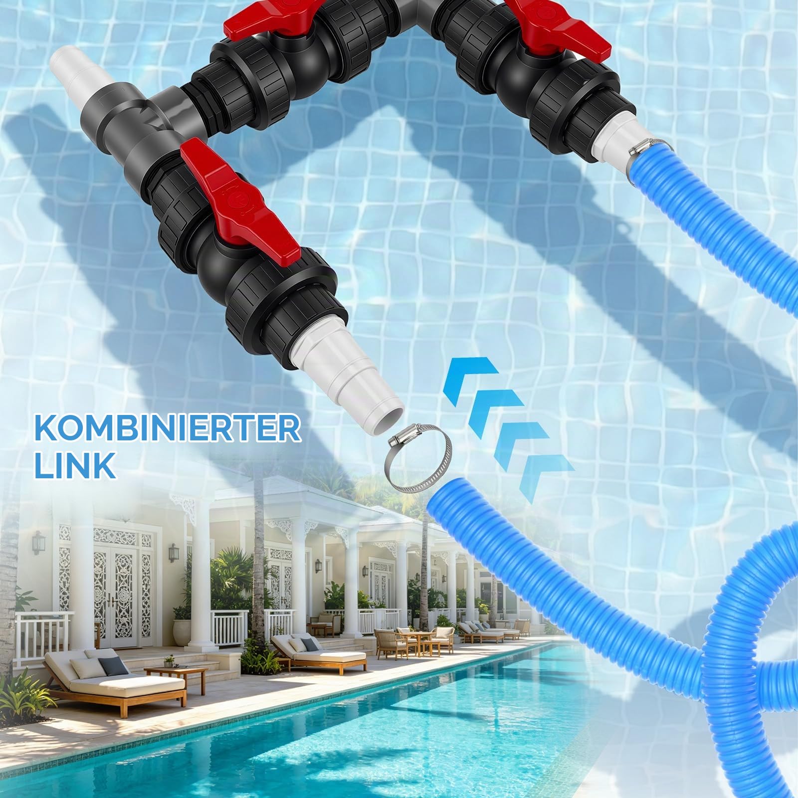 Bypass Pool 50 mm, Pool Anschluss Set mit 32mm & 38mm Schläuchen + Adaptern für Wärmepumpe, Pool Solarheizung Bypass Ventil Set – Steuerung der Wasserzufuhr für optimale Temperaturregulierung