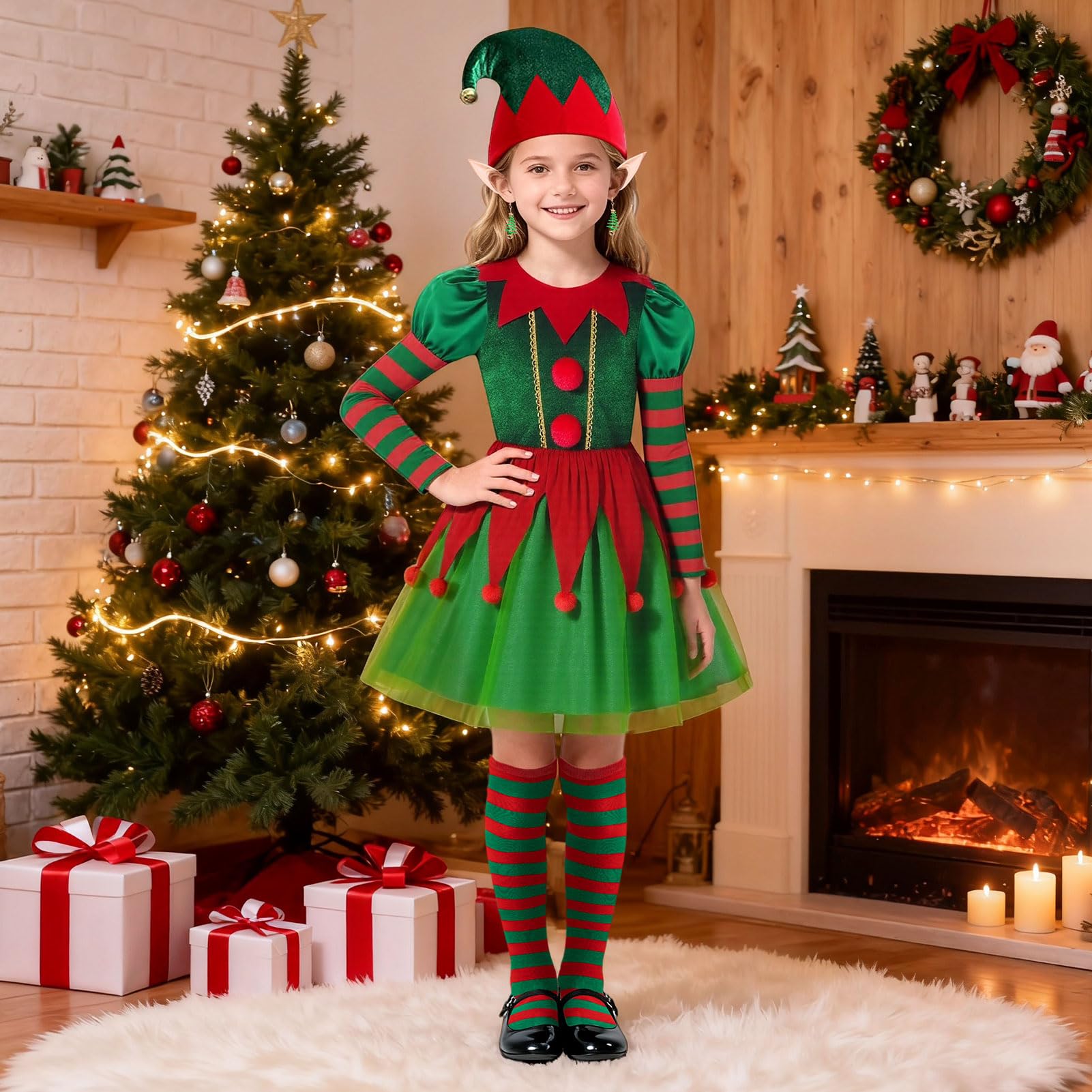 SERTAS Girls Christmas Elf Costume,Santa’s Little Helper Dress Set including Hat,Socks,Bell Bracelets,Bell Necklaces,Cane,Horn,Elf Earrings & Ears - Image 4