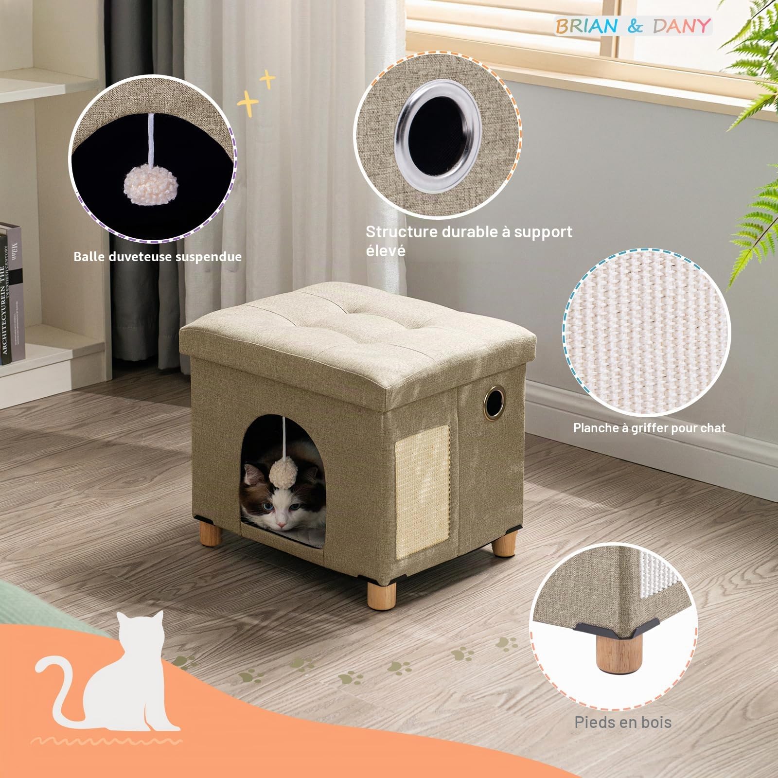 BRIAN & DANY Niche Chat Interieur, Maison Pliable pour Chat, Niche Chat avec Planche à Gratter et Balle pour Chat, 37.5 x 32.5 x 36 cm, Kaki