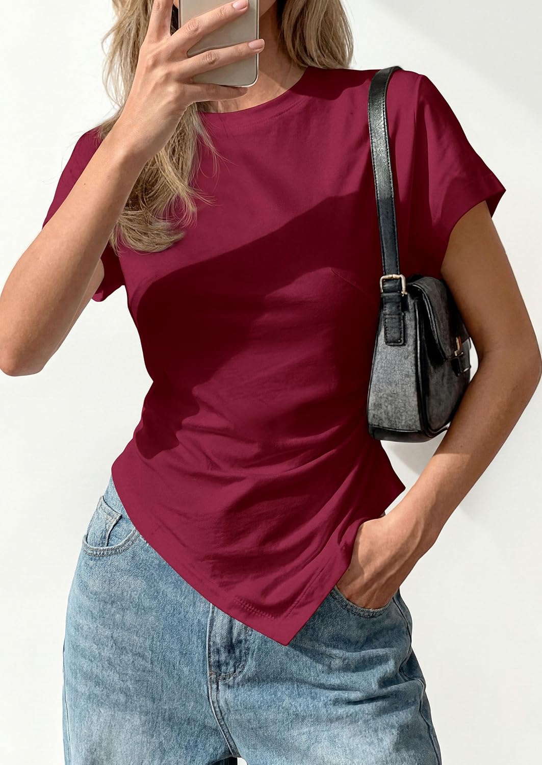 PRETTYGARDEN Womens Asymmetrical Tops 2026 Spring Summer Going Out Shirts Y2K Short Sleeve Crew Neck Ruched Trendy Clothes - Image 3