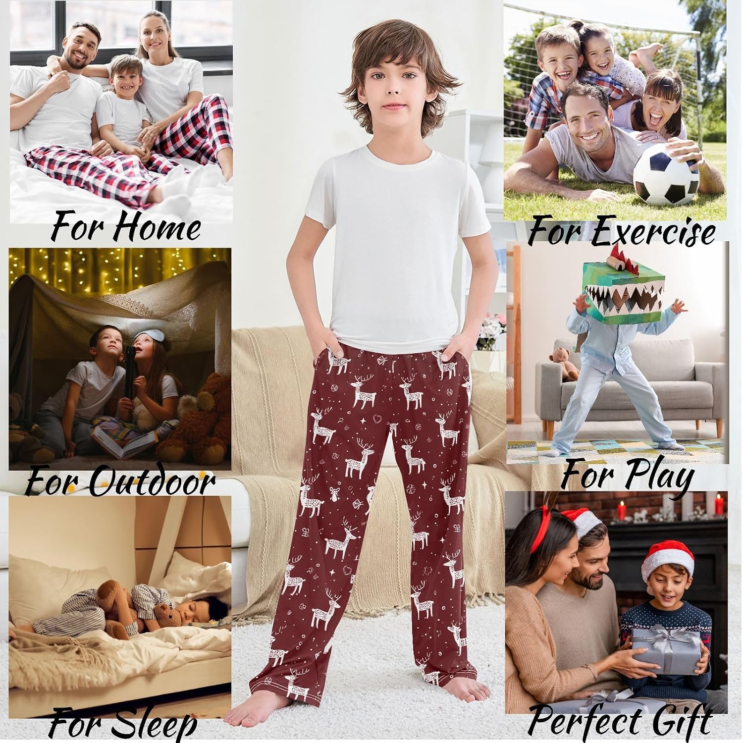 visesunny Boys' Pants Christmas Reindeer Jogger Pants Elastic Waist Long Bottoms Trousers with Pockets S-XL