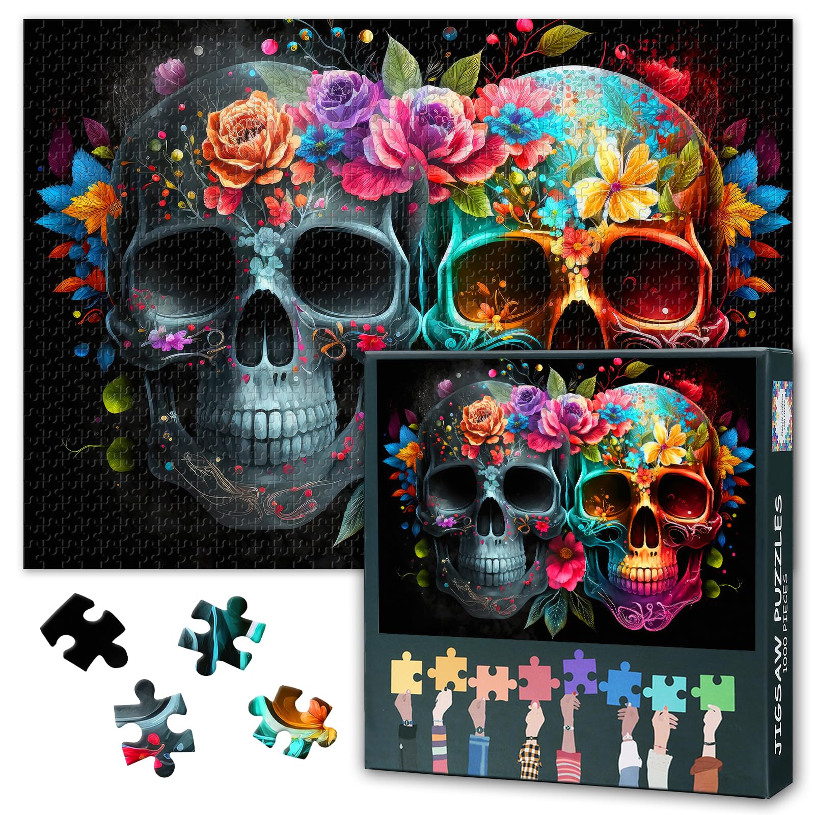 1000-Piece Jigsaw Puzzle for Adults, Close-up on Skull Face, with Colorful Sugar Skulls and Flowers