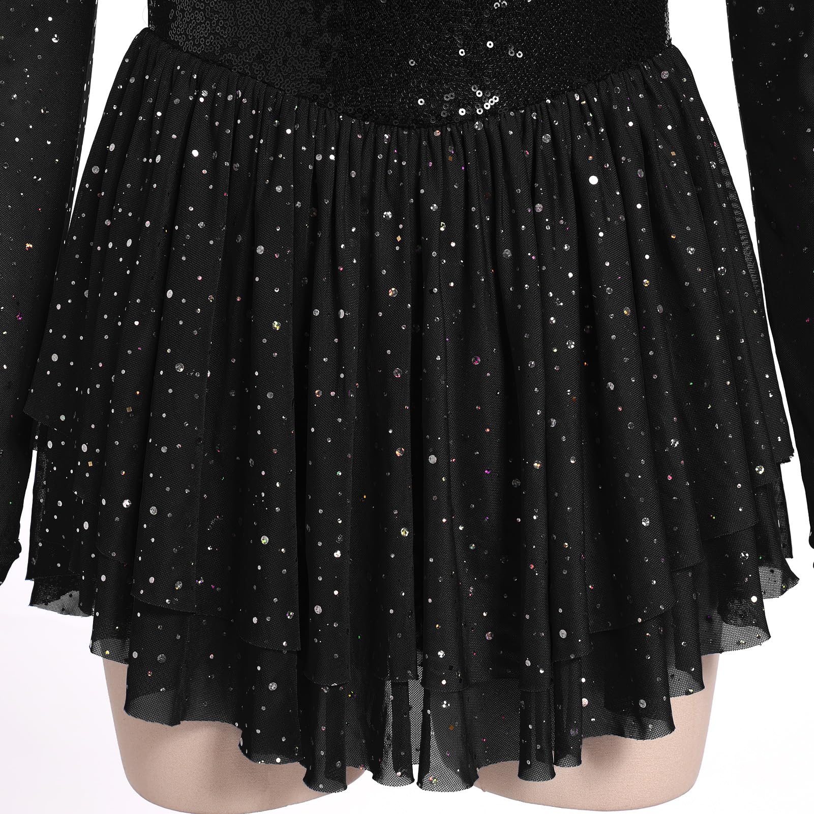 AFAVOM Vestito da pattinaggio artistico da donna con paillettes a maniche lunghe in rete lucida con strass vestito da pattinaggio su ghiaccio balletto lirico abbigliamento da danza