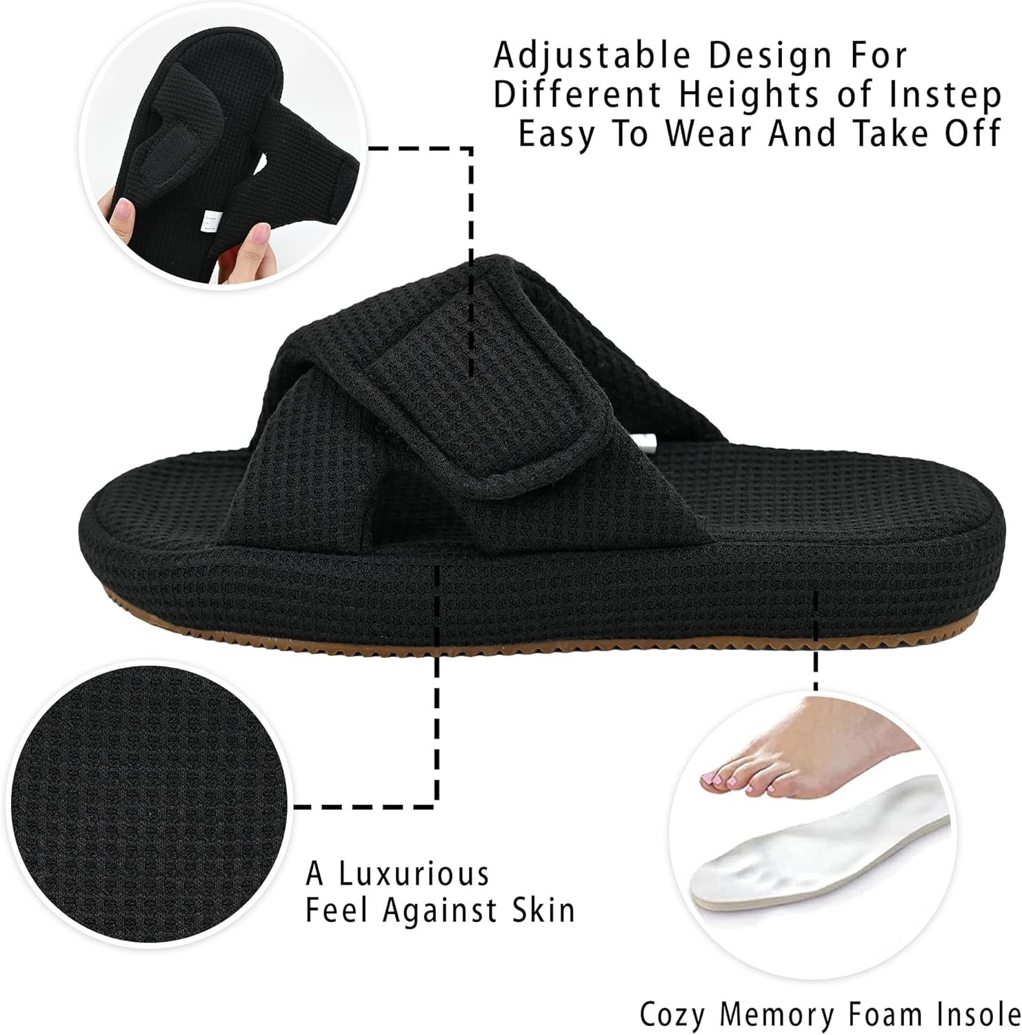 Panda Bros Women's Adjustable Slippers, Diabetic Slippers for Women Memory Foam, Open Toe Swollen Feet Slippers Bedroom House Indoor Outdoor Shoes with Rubber Sole - Image 3