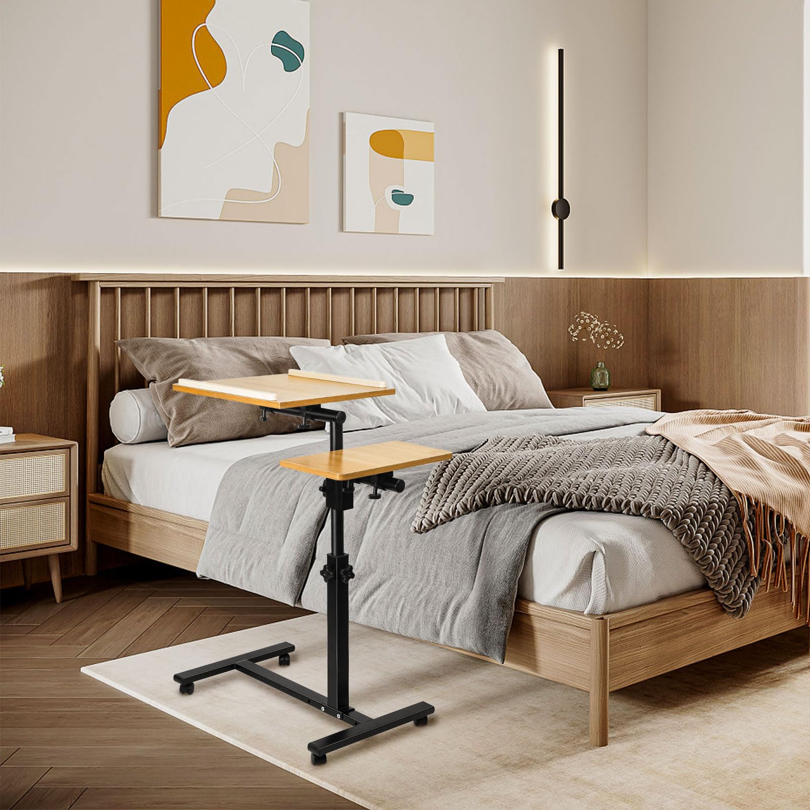 OHMG Table de Chevet à Roulettes Réglable 2 Plateaux pour Fauteuil et Ordinateur Portable