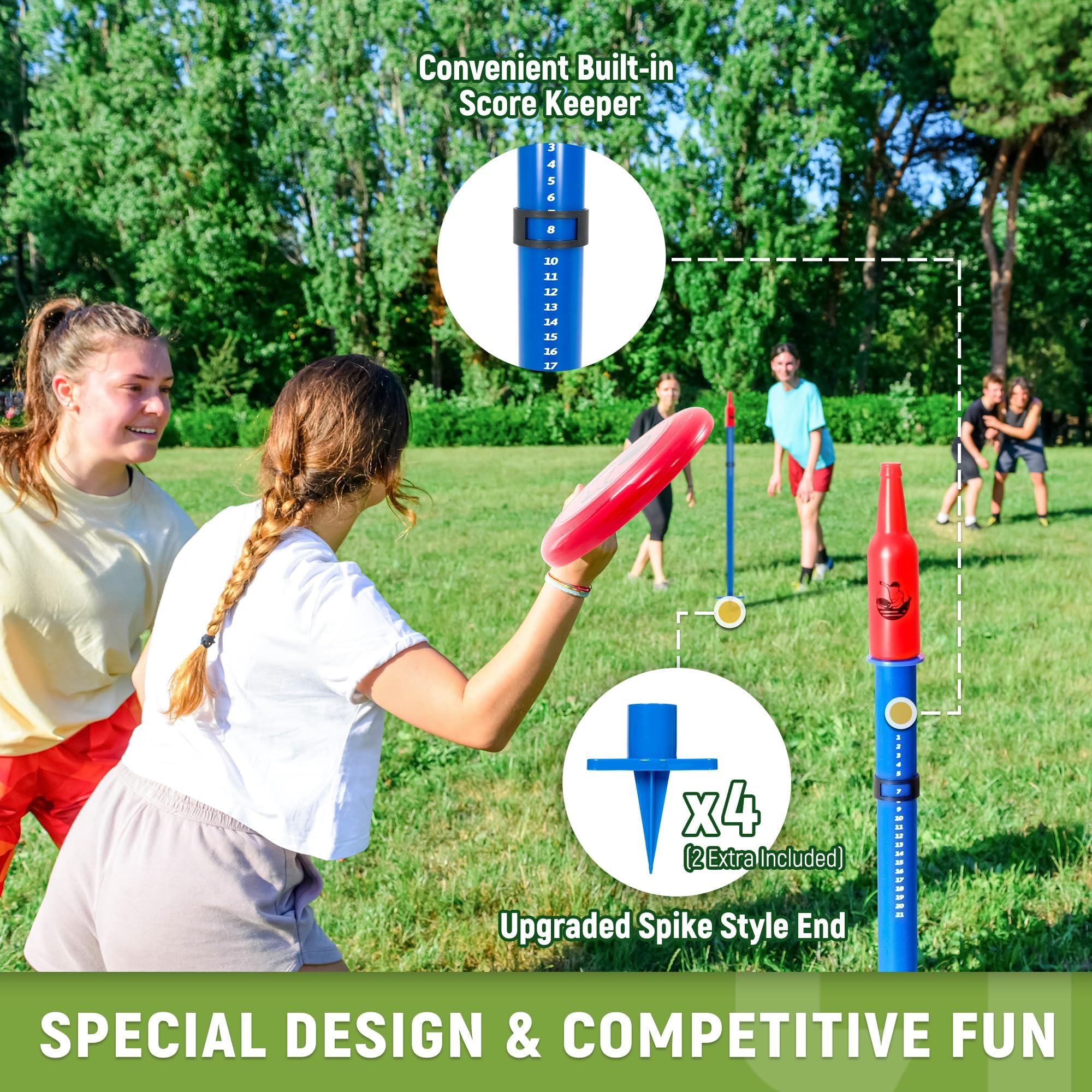 ropoda Juegos al aire libre - Juego de disco volador mejorado con estaca de tierra reforzada (incluye 2 extra), juego de lanzamiento de disco portátil para césped y playa con poste más grueso