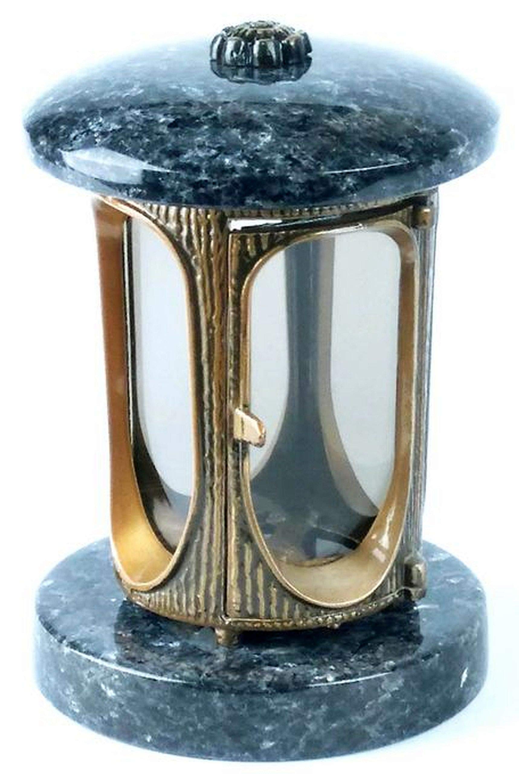 designgrab Alu Grab lampada in alluminio messingfarbenem in finitura anticata e tomba VASO Taille Medium e 2 pezzi base rettangolare in granito Labrador Blue Pearl