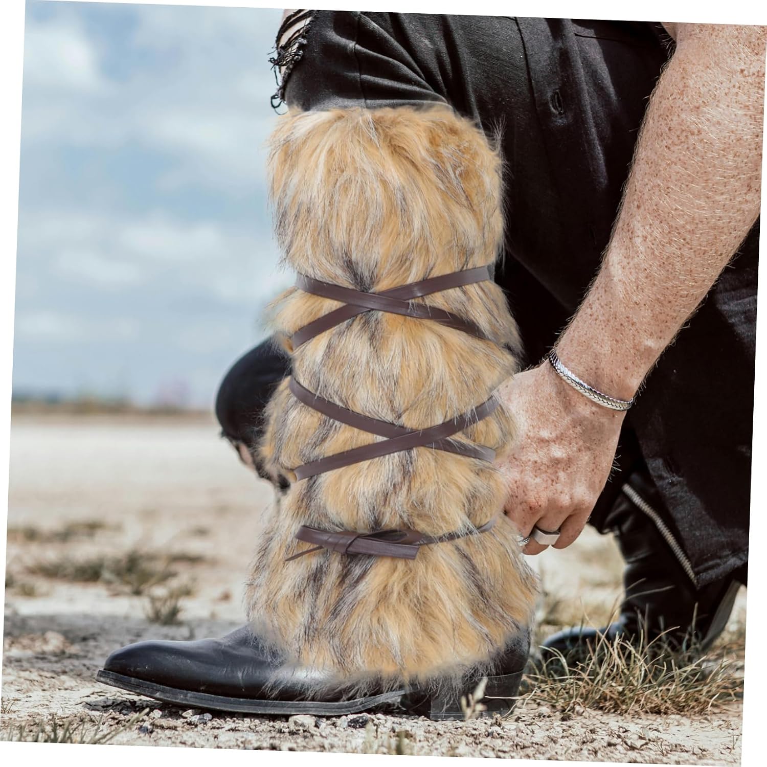 COLLBATH Faux Fur Viking Leg Wraps Warm Cozy and Boot Cuffs Covers for Men Women for Costumes