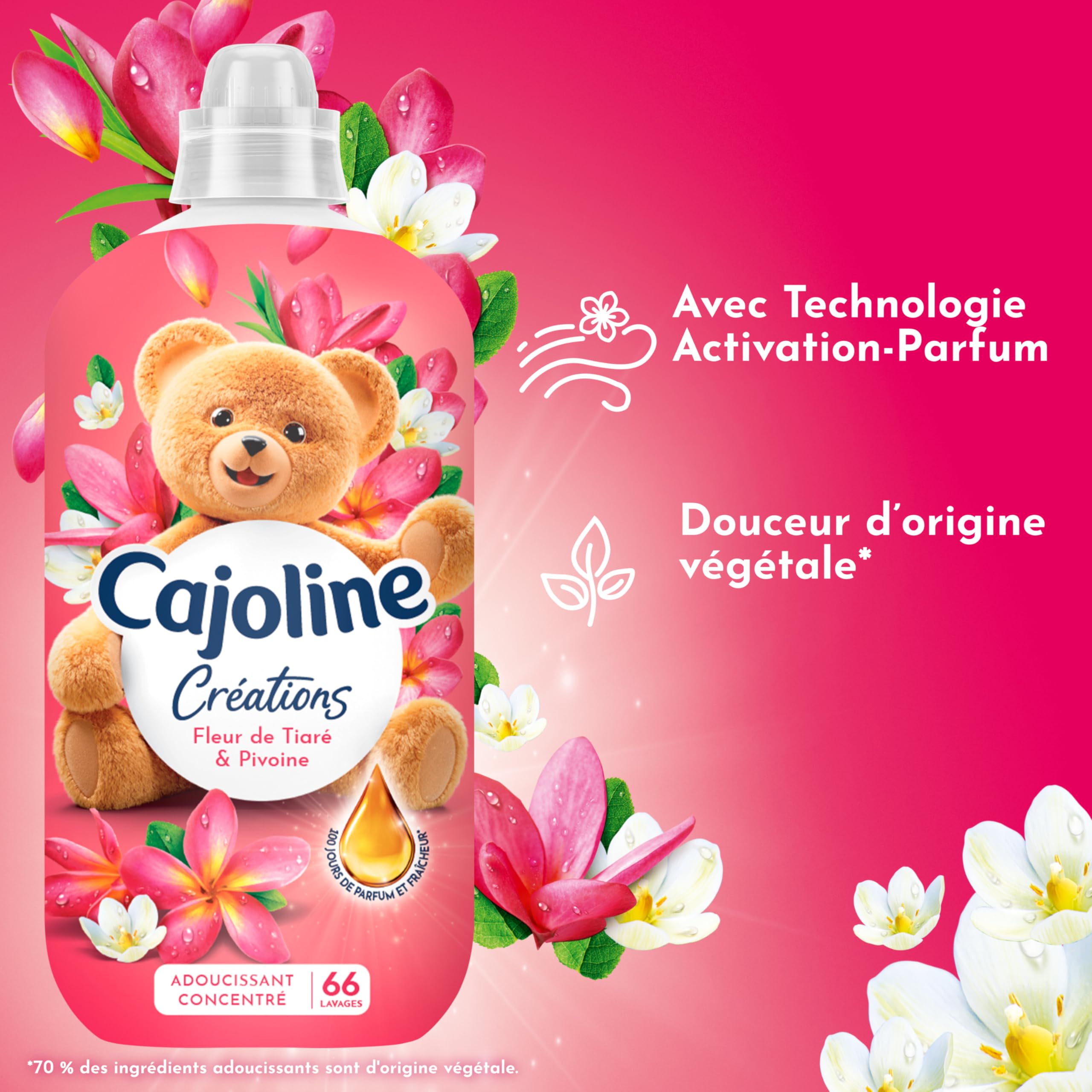 Cajoline Adoucissant linge liquide Fleur de la Tiaré & Pivoine Créations parfum et fraîcheur - 396 lavages -Lot de 6x66 lavages -1,386L