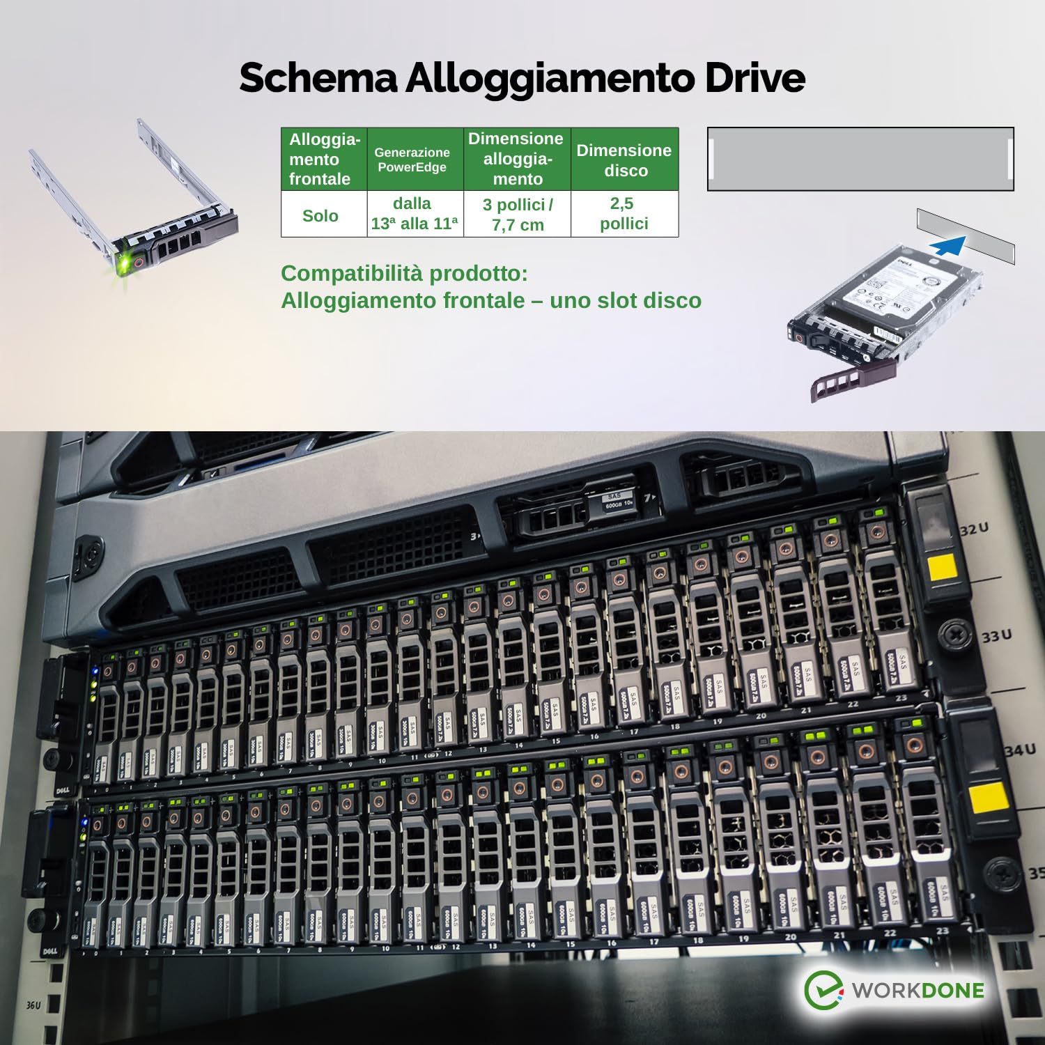 WORKDONE 4 pezzi - Vassoio caddy da 2,5 pollici per disco rigido, Compatibile con PowerEdge Dell T440 T640 R330 R430 T430 R630 T630 R730 R830 R930 R320 R420 R310 R410 R415 G176J - Vassoio Hot-Swap