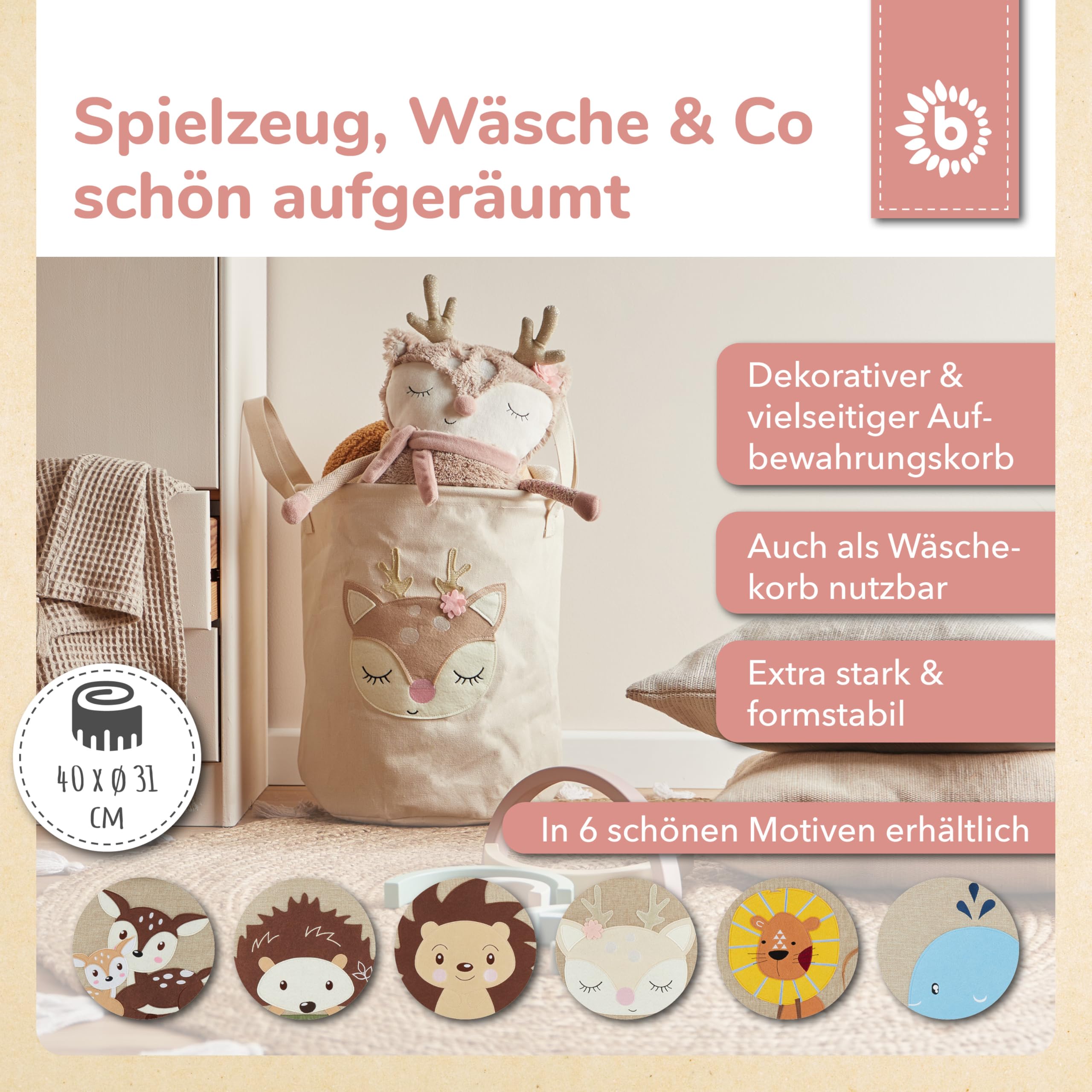 Bieco Wäschekorb Baby Reh Ella | Großer Aufbewahrungskorb Kinder Baumwolle und Wasserabweisend | Aufbewahrung Kinderzimmer | Wäschekorb Kinder