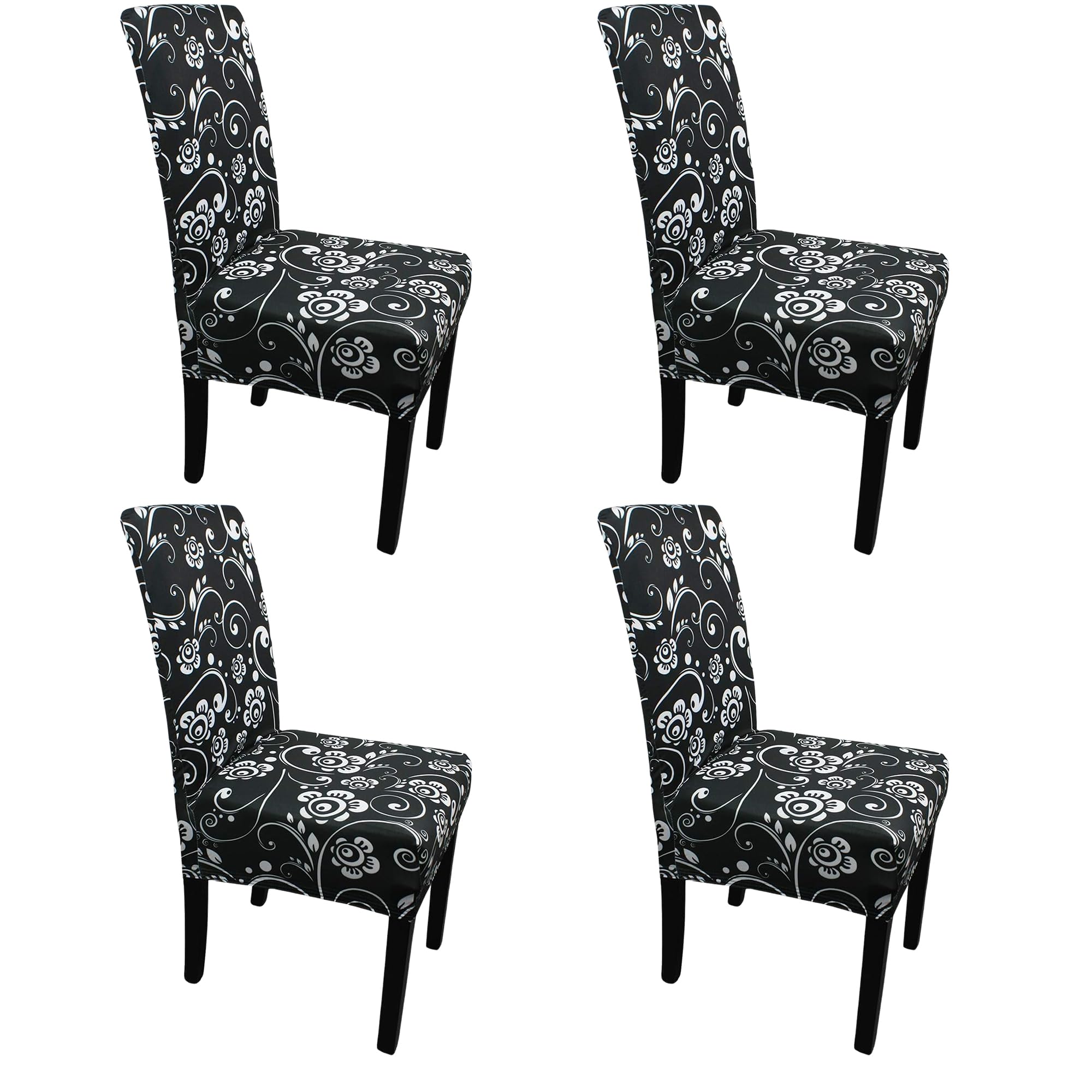 Printed High-Back Chair Covers for Dining Room Chairs – Spandex Stretch, Universal Armless Chair Protective Slipcover for Kitchen, Wedding, Party, Banquet & Hotel, Eye Floral - Black, Pack of 4 — image 1