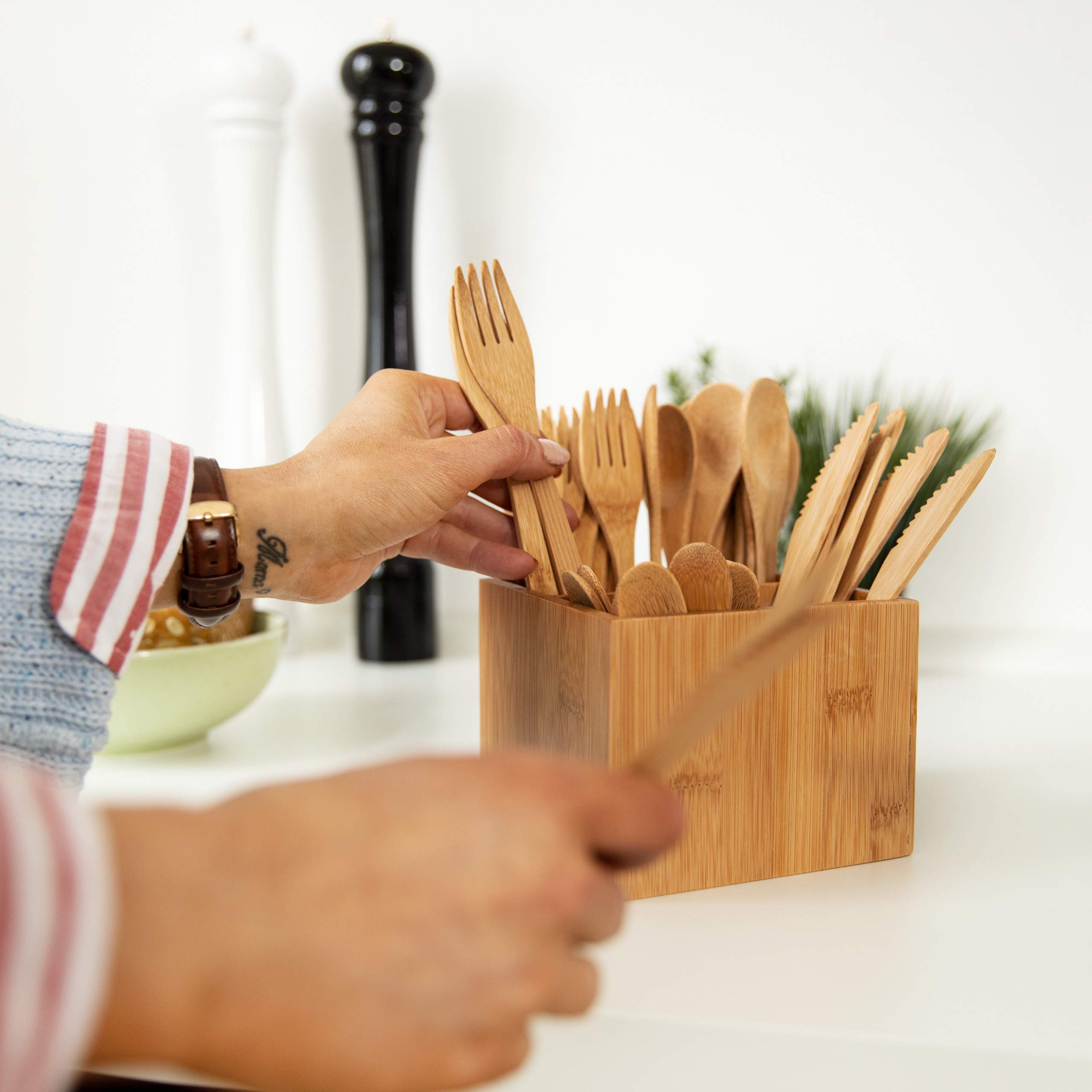 Posate Compostabili In Bambù: 10 Set Cucchiaio, Forchetta E Coltello, Biodegradabili - 3