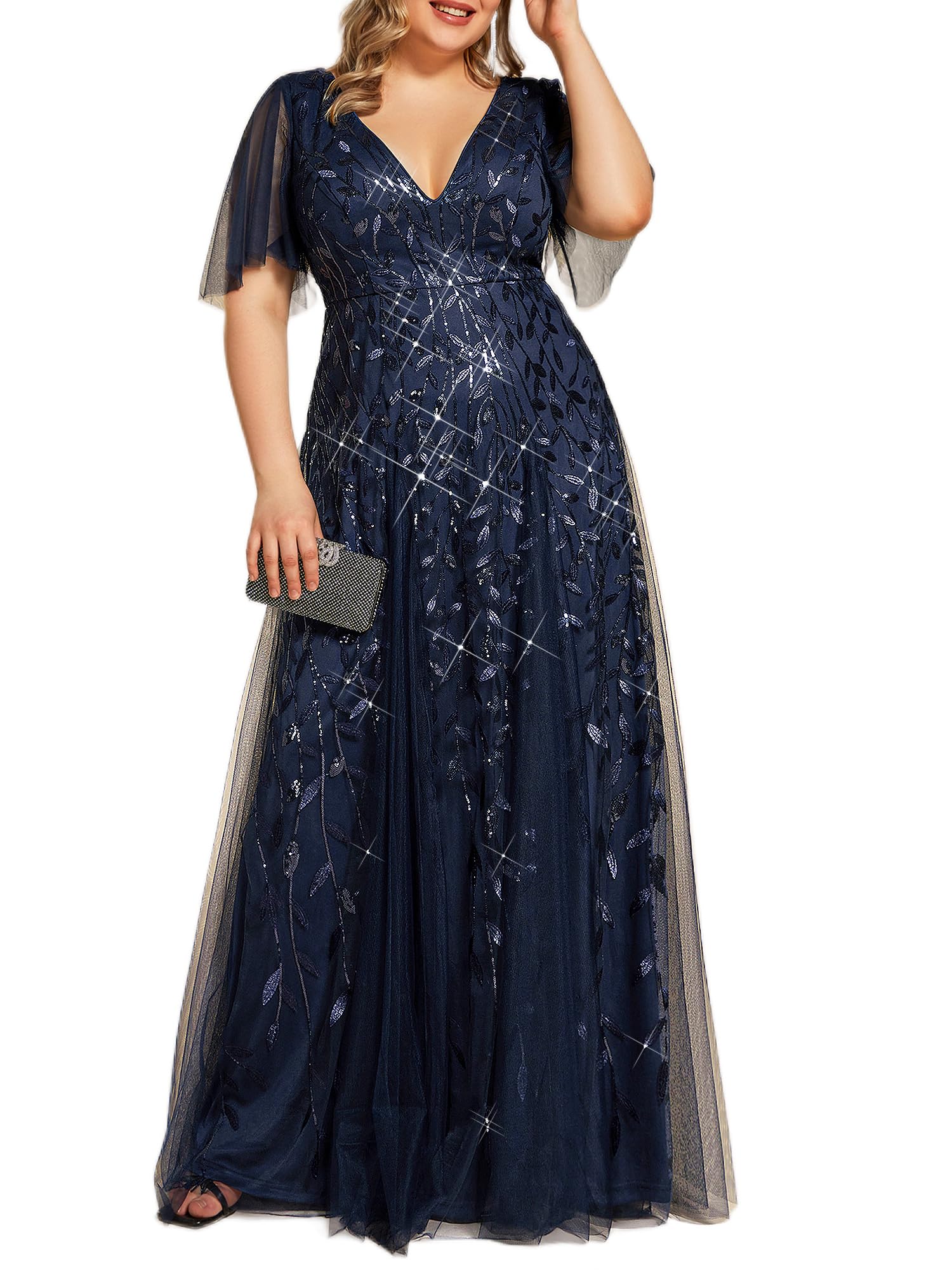 Ever-Pretty Abito formale da donna taglie forti con scollo a V una linea in tulle con paillettes 0734-DA, Blu navy, 56