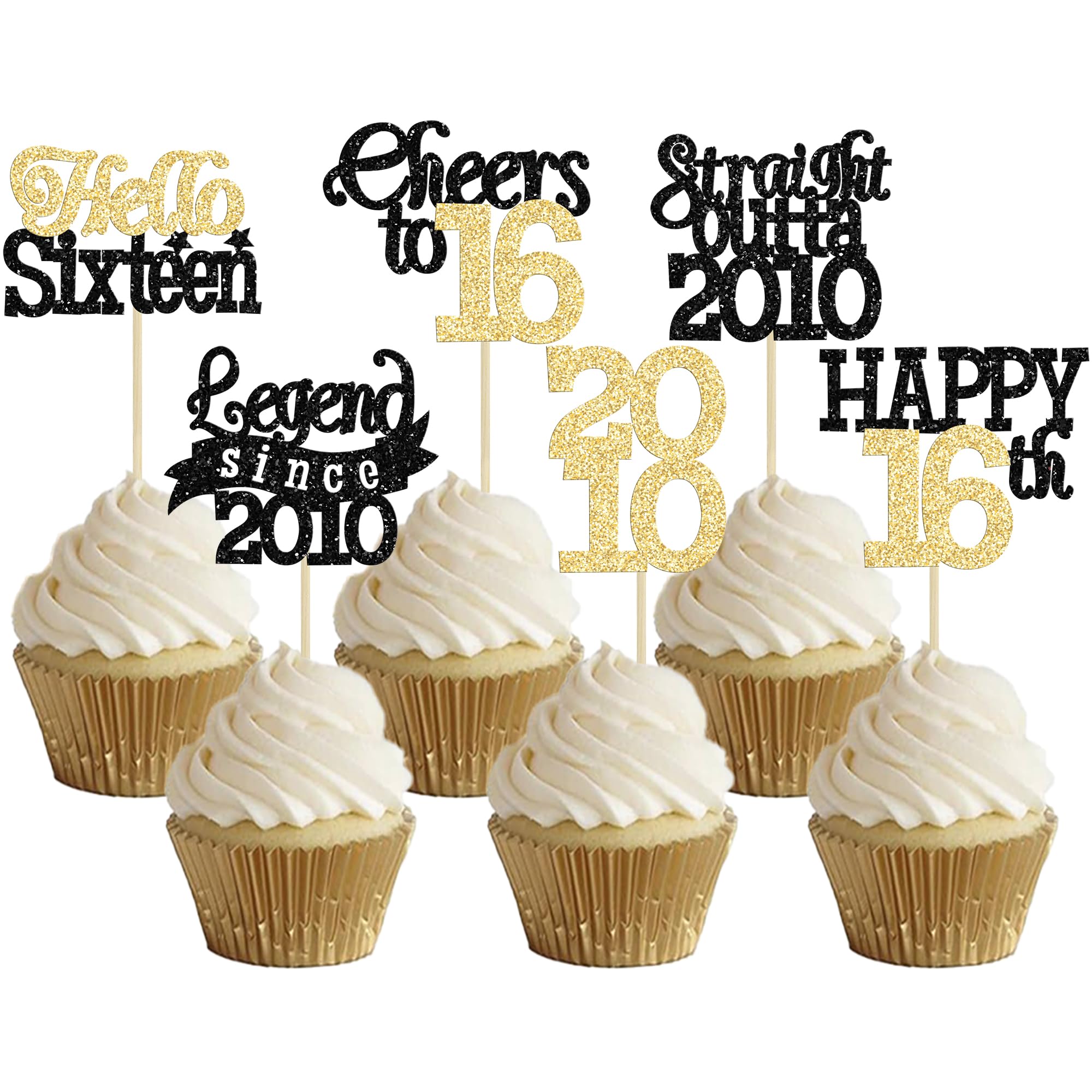 Gyufise 24Pcs Happy 16th Birthday Cupcake Toppers Sweet 16 Legend Since 2010 Cupcake Picks Cheers to 16 Years Cake Decorations for 16th Birthday Anniversary Party Decorations Supplies Black Gold