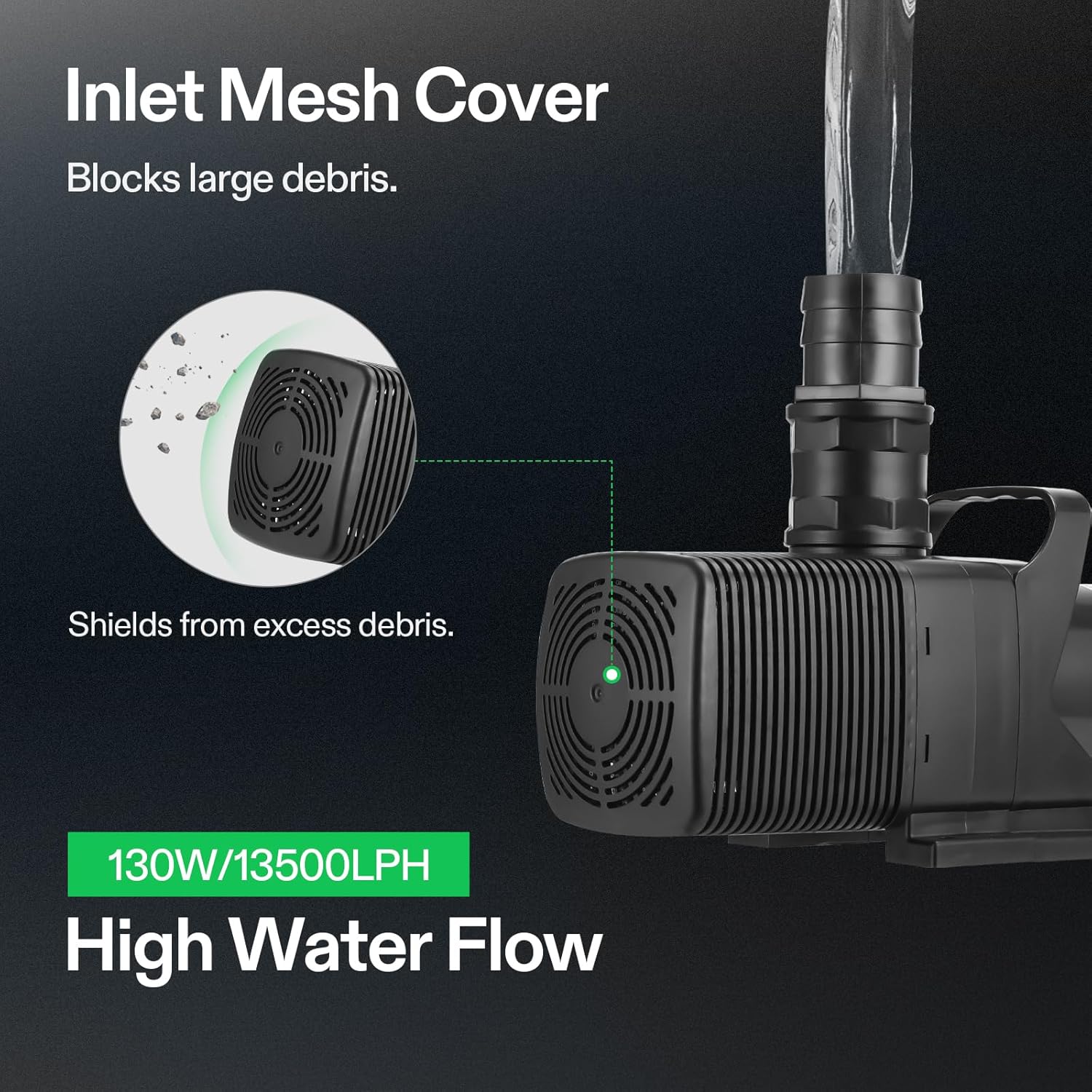 VIVOSUN 3567 GPH Submersible Water Pump, 130W Pond Pump, Ultra Quiet Aquarium Pump with 14.8FT Lift Height for Pond, Waterfall, Fish Tank, Statuary, Hydroponic