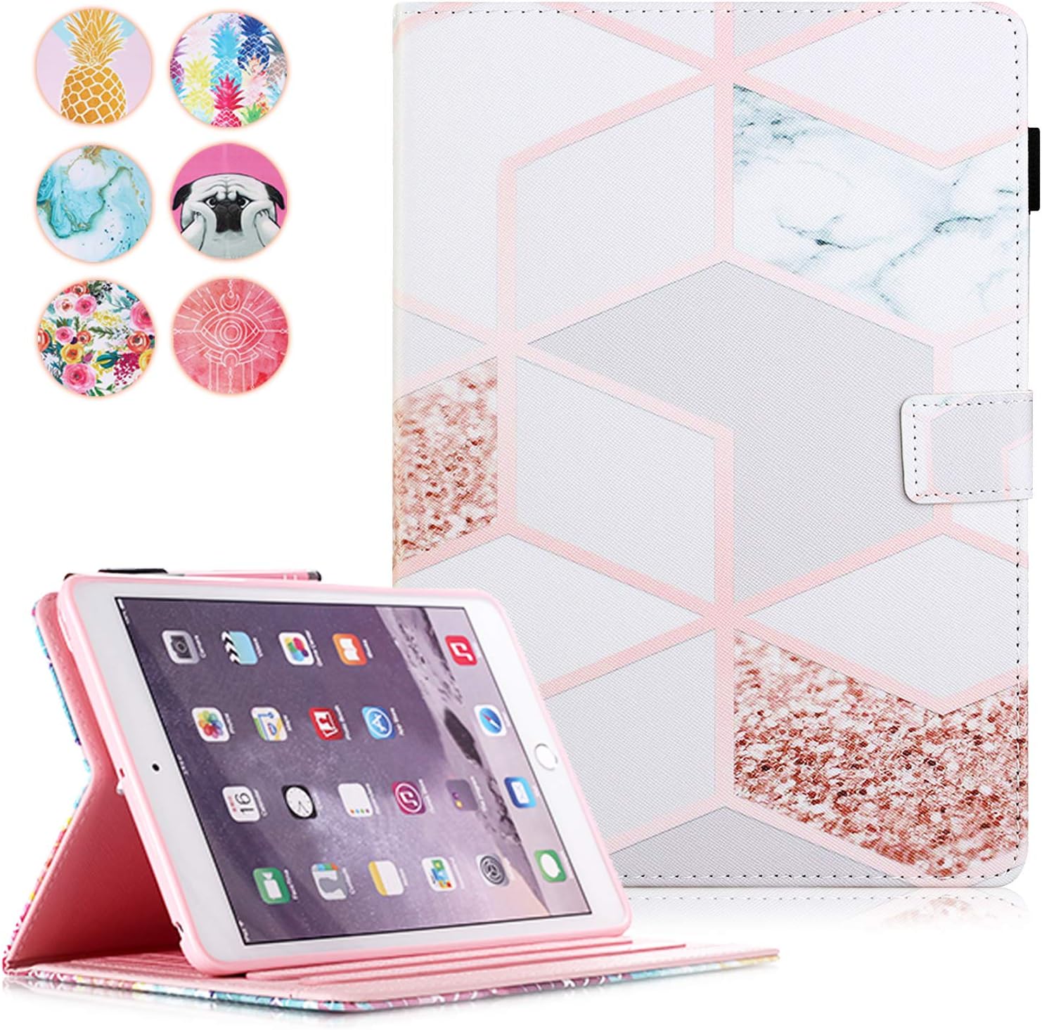 MonsDirect Case for iPad mini 1 2 3 4 Mini 5, Leather Smart Kickstand Case Flip Wallet Protective Case Compatible with iPad mini 1 2 3 4 Mini 5 2019, Pink Gold Marble